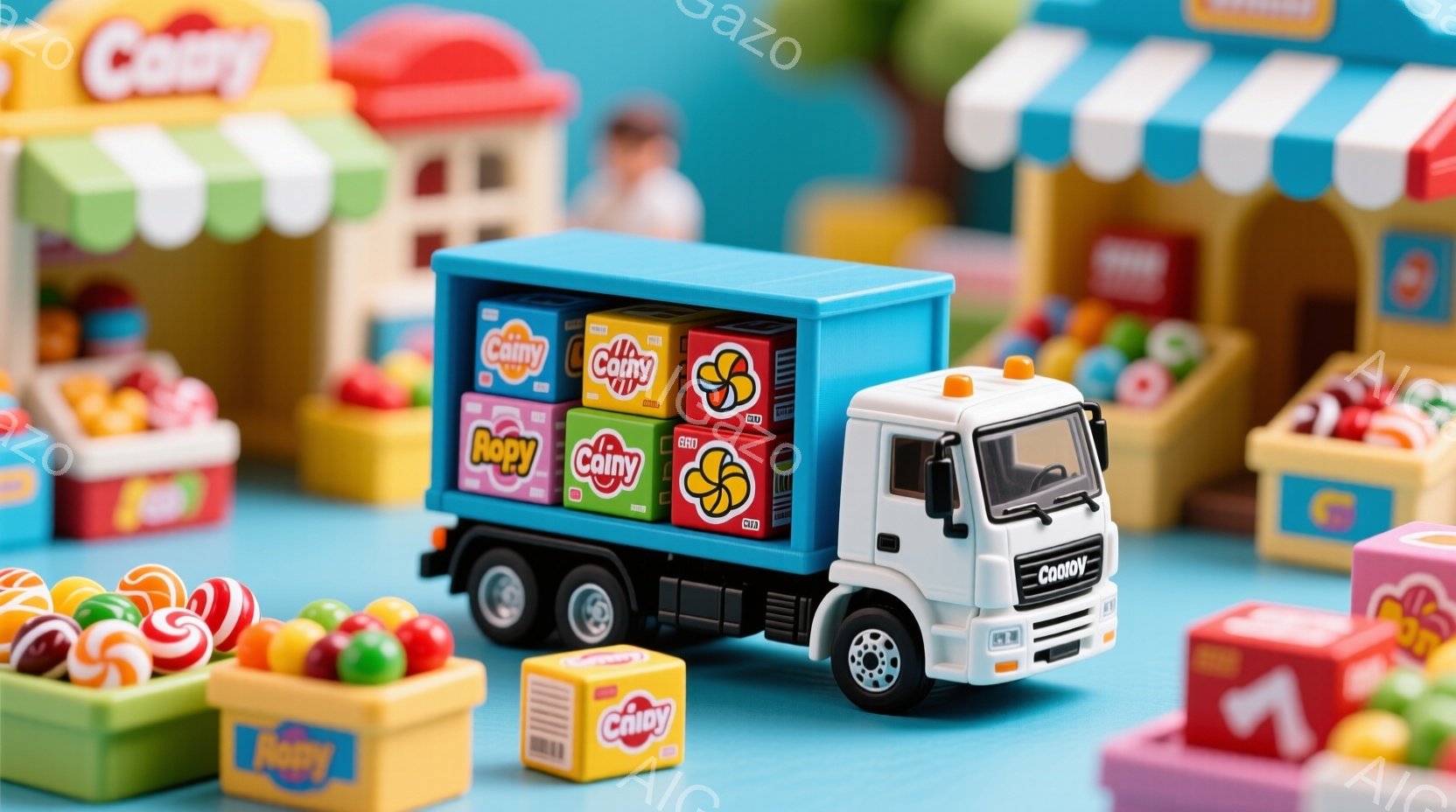 明るい色調のミニチュアのキャンディの風景を描いています。白い小型トラックが、様々な色と「Caipy」というロゴが描かれたキャンディの箱を積んで、明るい青色の背景を走っています。周りにはキャンディが詰まった箱やブロックが散りばめられ、おもちゃのような可愛らしい雰囲気が漂っています。