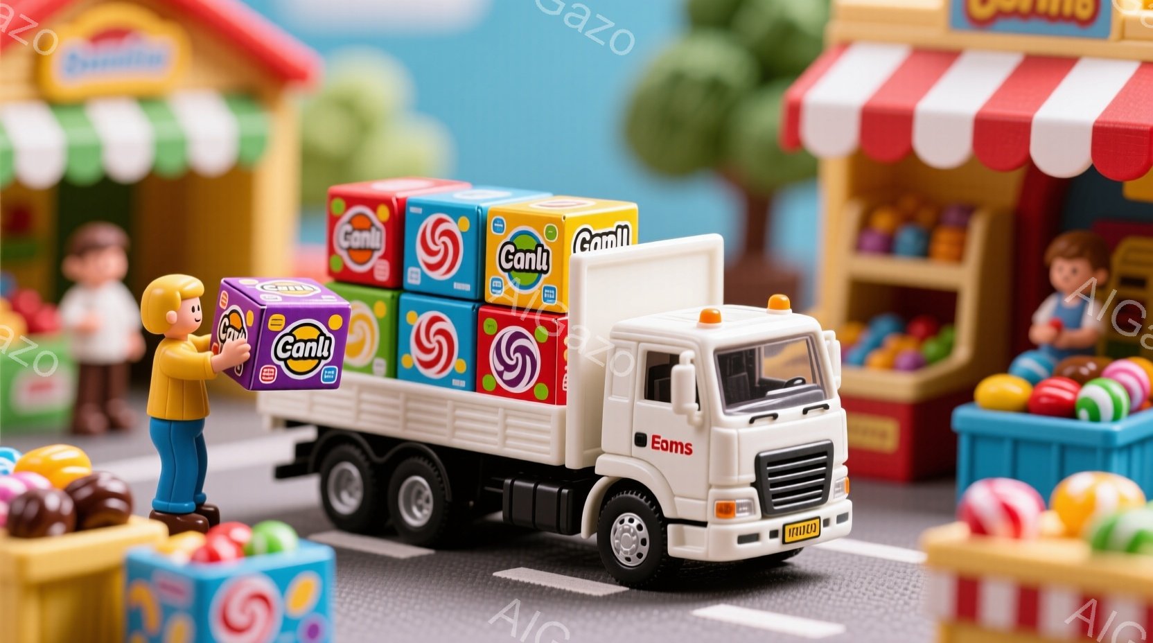 白いトラックが積み込まれたキャンディの箱でいっぱいの路上に停車している様子が写っている。オレンジ色のシャツを着た男性がトラックのそばに立って、箱を積み込んでいるようだ。背景にはおもちゃのような建物やカラフルなキャンディが並んだお店があり、まるでミニチュアの世界のような雰囲気である。