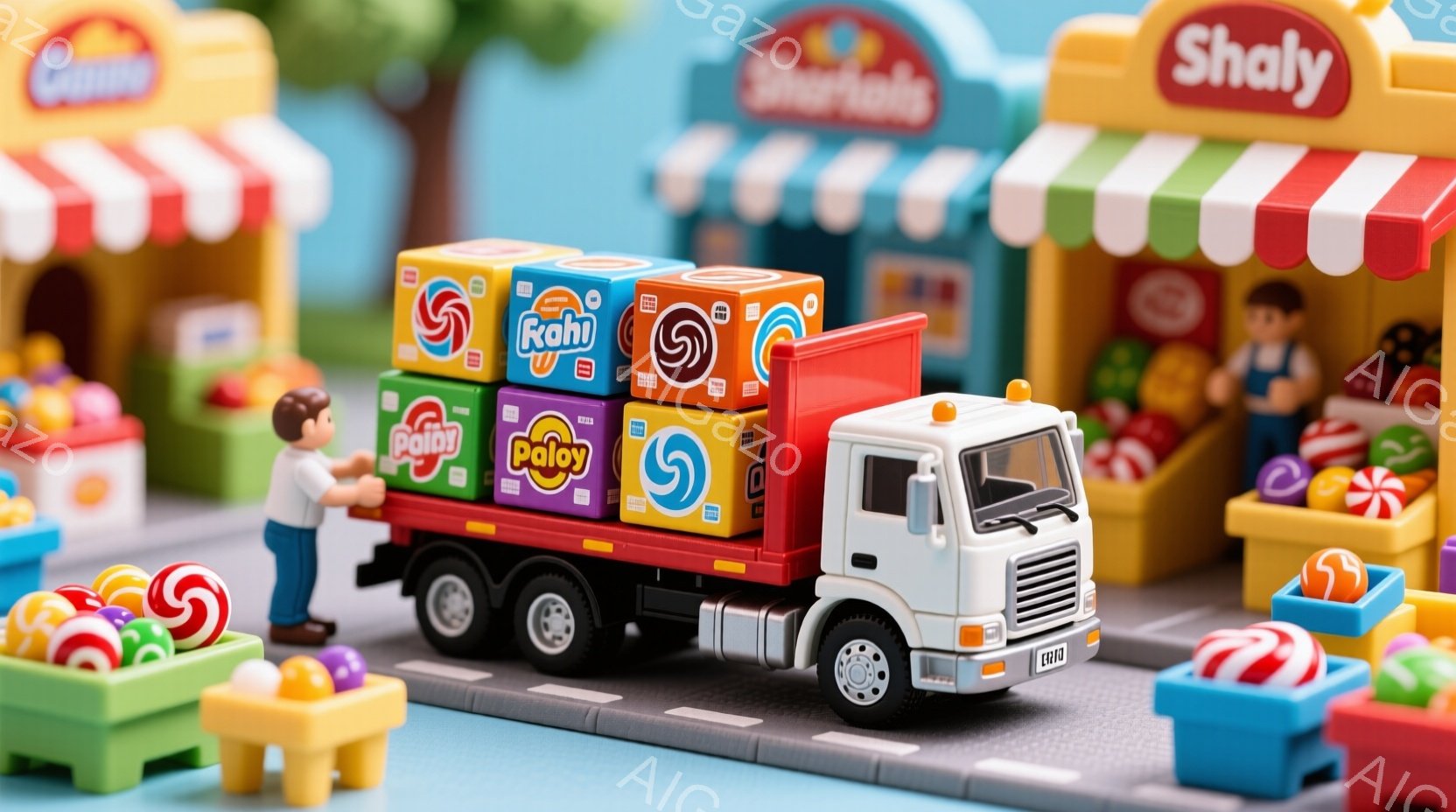 白いトラックが、カラフルなキャンディやチョコレートで満たされた積み重ねられた箱を積んで、賑やかなキャンディショップの前を走っています。小さな男の子が、ピンクのシャツと青いズボンを着て、トラックの横に立っており、笑顔でトラックを見上げています。背景には、カラフルな建物やキャンディのディスプレイがあり、全体的に明るく楽しい雰囲気が漂っています。