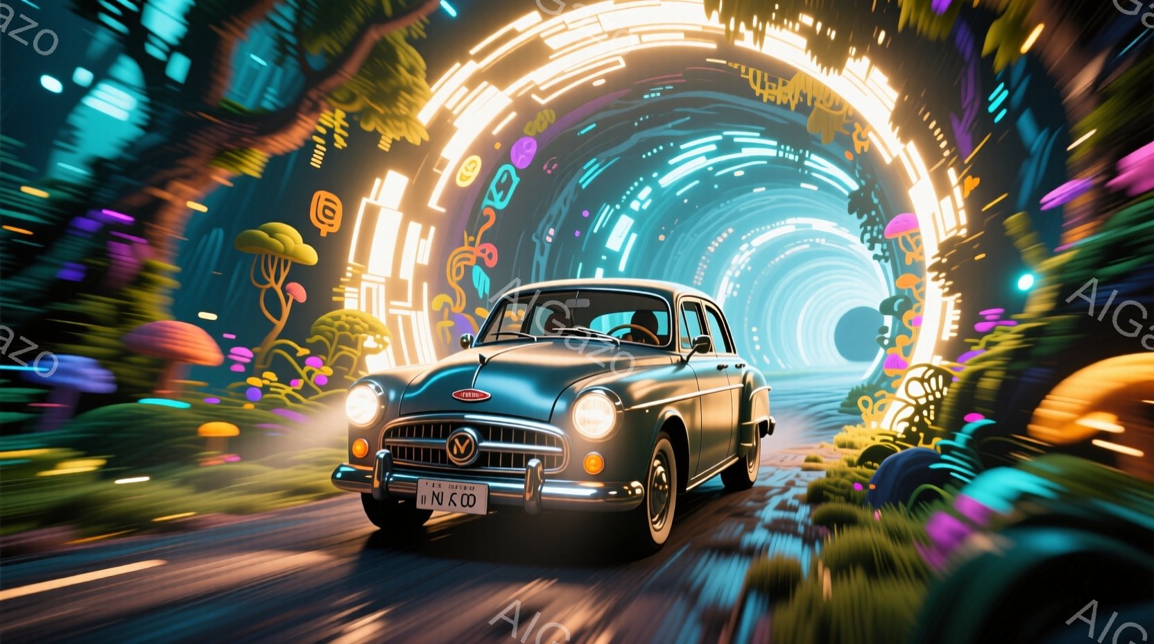 古い緑色の車が、ネオンライトで飾られたトンネルの中を疾走している。トンネルの壁面には奇妙な模様が描かれ、周囲には蛍光色のキノコや植物が生い茂っている様子が描かれ、幻想的な雰囲気を醸し出している。車のライトがトンネルを照らし、スピード感と神秘的な雰囲気が混ざり合った情景が展開されている。