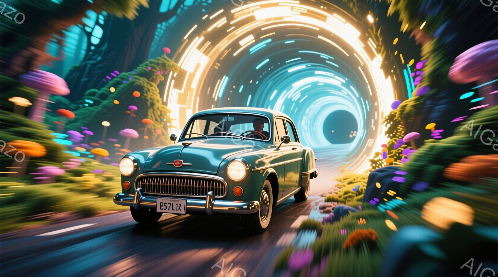 古い緑色の車が、鮮やかなキノコや植物が生い茂るトンネルを高速で走っている。運転手は男性で、帽子をかぶり、笑顔を見せている。背景はカラフルな光の渦巻きで、夢のような雰囲気を醸し出している。
