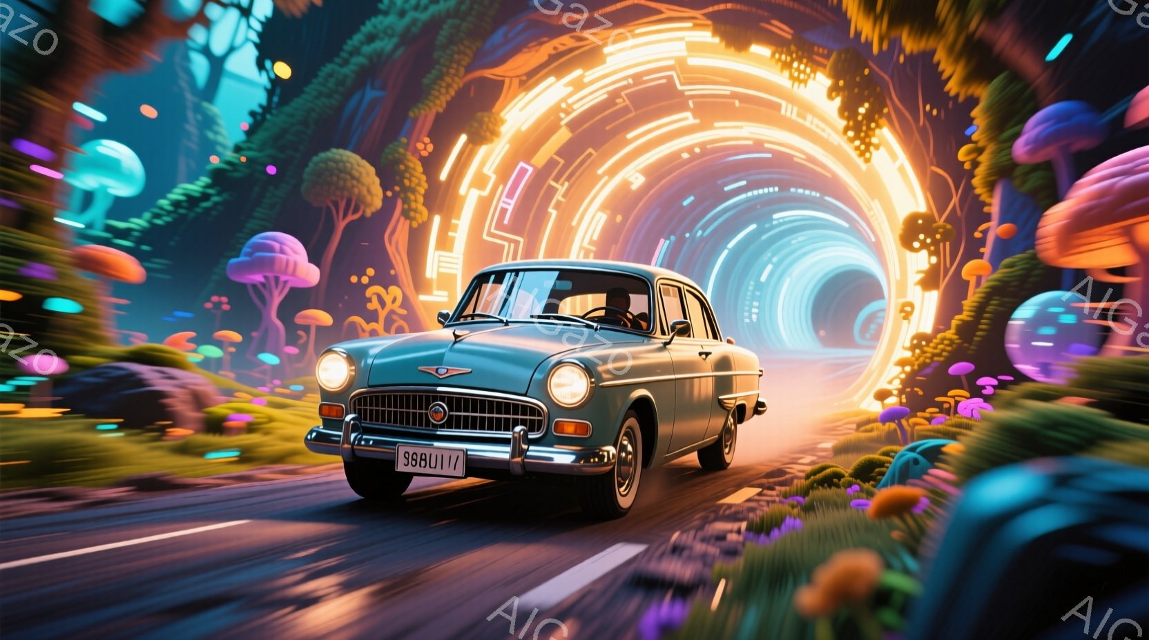 古い青色の車が、鮮やかな光のトンネルを疾走している様子が描かれている。トンネルの周囲には、様々な色や形のキノコが生い茂り、幻想的な自然が広がっている。明るい色彩と光の演出が、不思議で魅力的な雰囲気を醸し出している。
