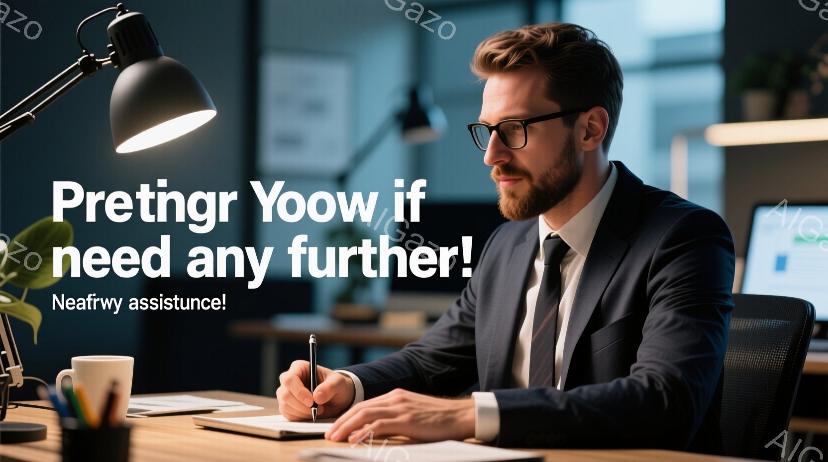 紺色のスーツを着た男性が、机に向かって何かを書いているところです。彼は濃い眉と顎髭を生やしており、真剣な表情でペンを握っています。背景はオフィスの一室で、デスクライトが照らし、スタイリッシュな雰囲気を醸し出しています。