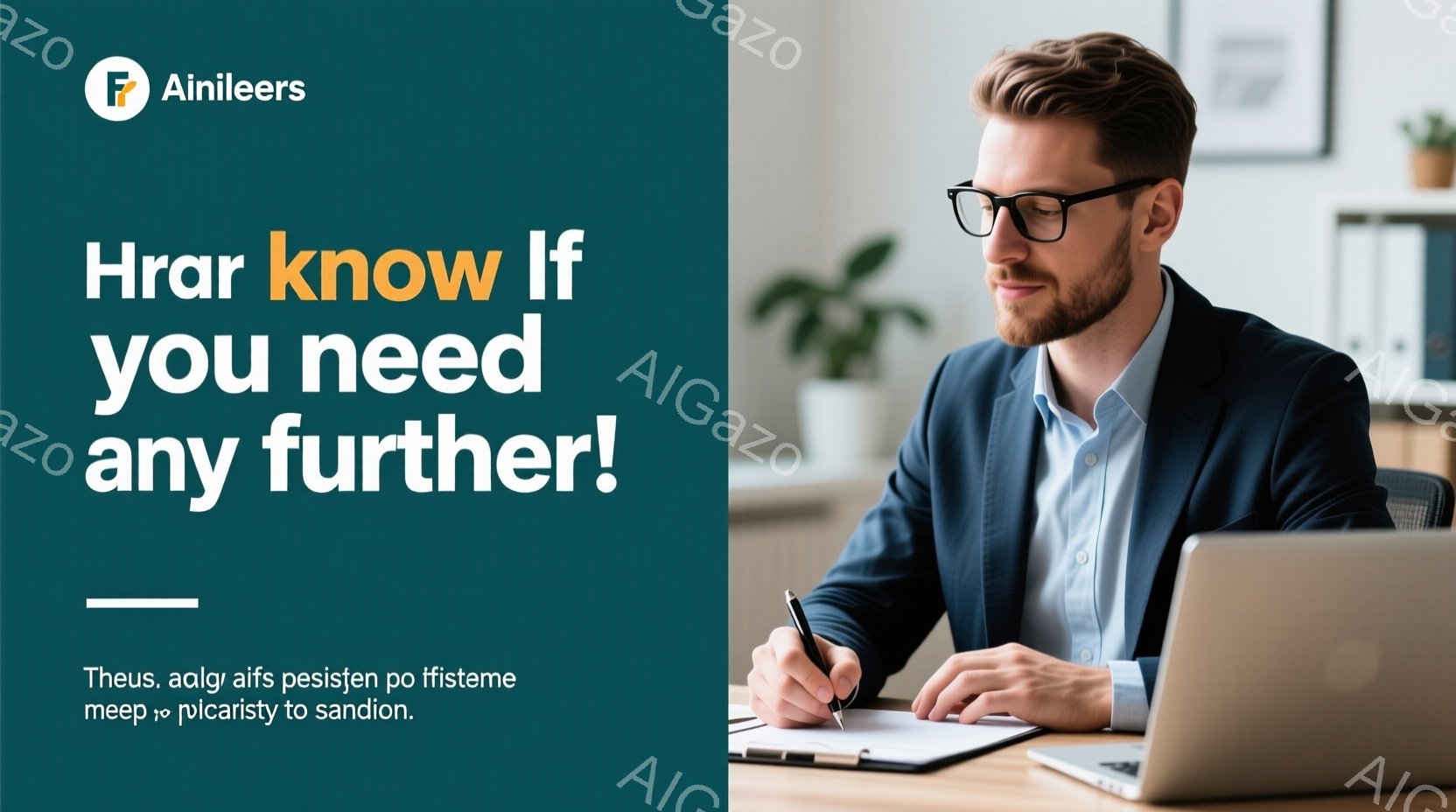 紺色のブレザーと白いシャツを着た男性が、ノートパソコンに向かって座っています。彼は眼鏡をかけ、口ひげを生やしており、真剣な表情で何かを見ているようです。背景には、植物、本棚、オフィス家具が見え、明るく現代的な雰囲気です。