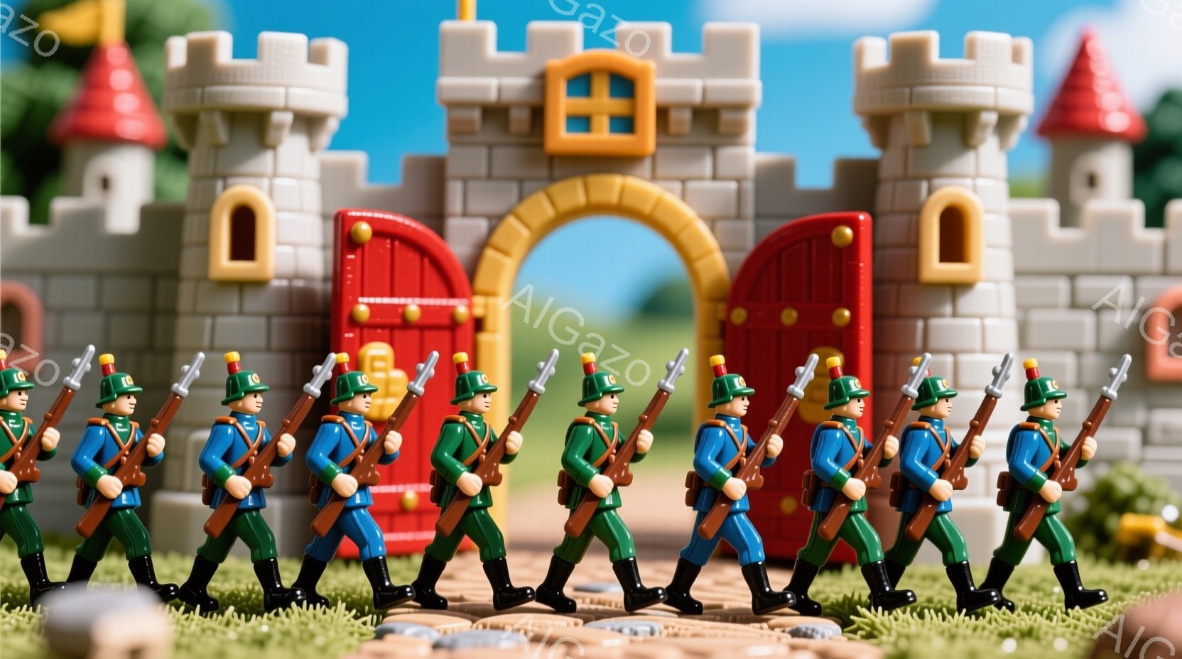等身大ではない兵隊のフィギュアが、整然と列をなして緑の芝生の上を歩いている。彼らは青い制服、赤い装飾、黒いブーツを着用し、同じような顔つきで、お揃いの武器を手にしている。背景には、赤色の屋根とアーチ型 - AI生成フリー素材