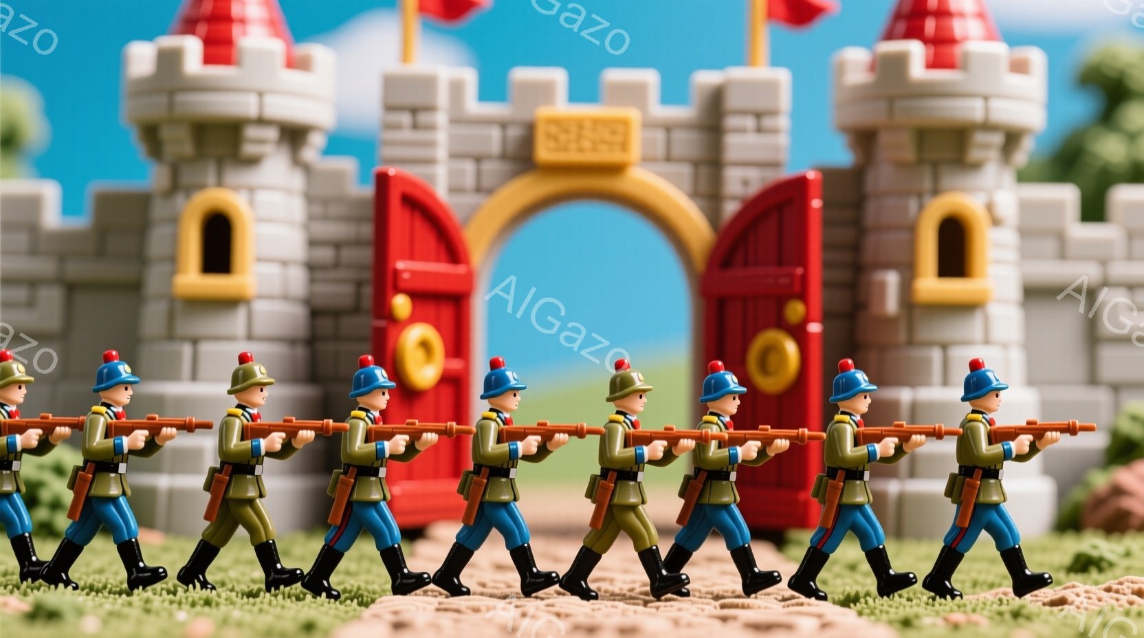 赤い制服を着たおもちゃの兵士たちが、緑色の芝生の上を整列して行進している。兵士たちは赤いジャケット、青いズボン、黒いブーツを着用し、頭には赤い帽子と黄色い髪の毛がついている。背景には、赤い屋根の城と青 - AI生成フリー素材