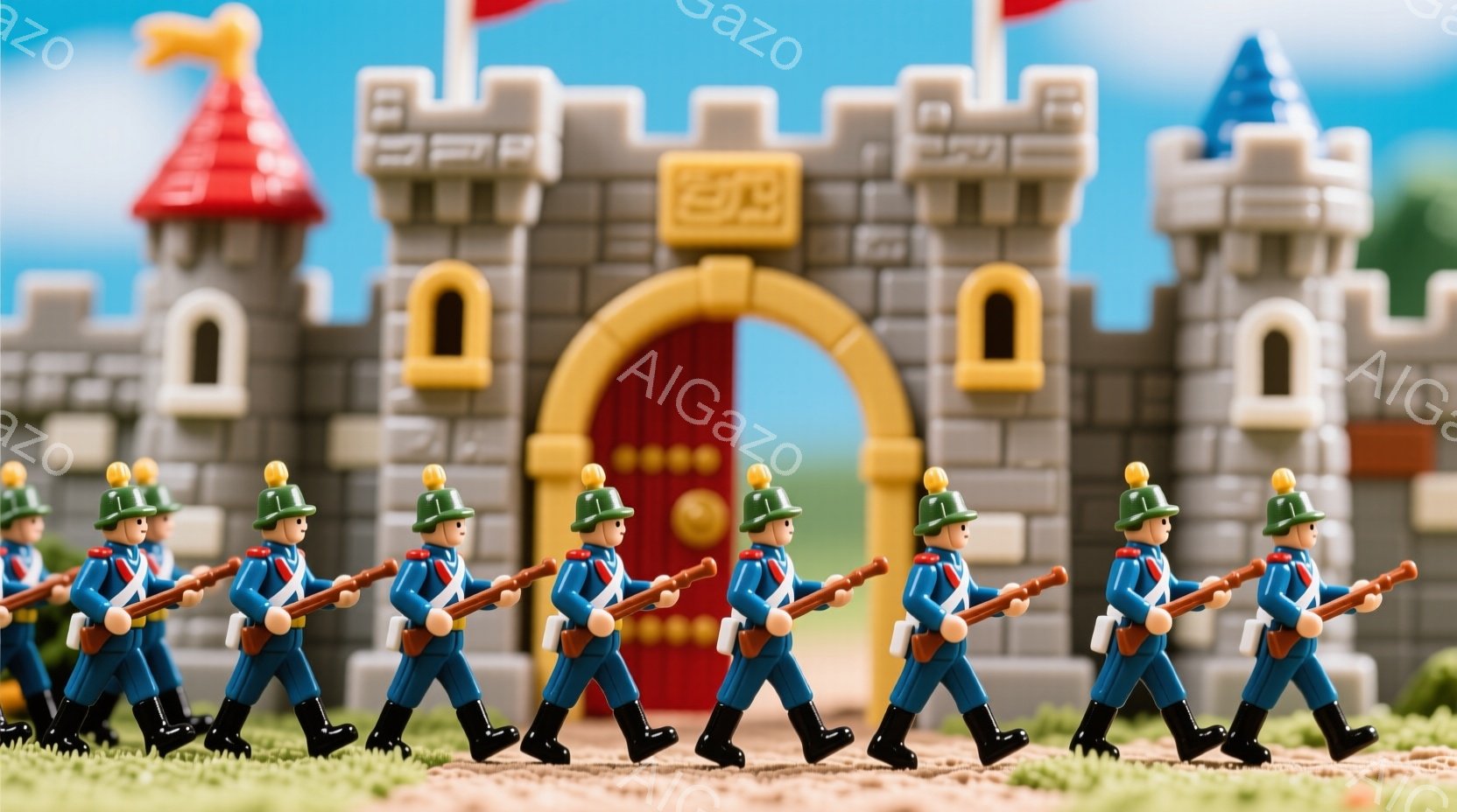 歩兵隊が古風の城入り口に集まり、戦士らは正面を向きながら並んで進行する。