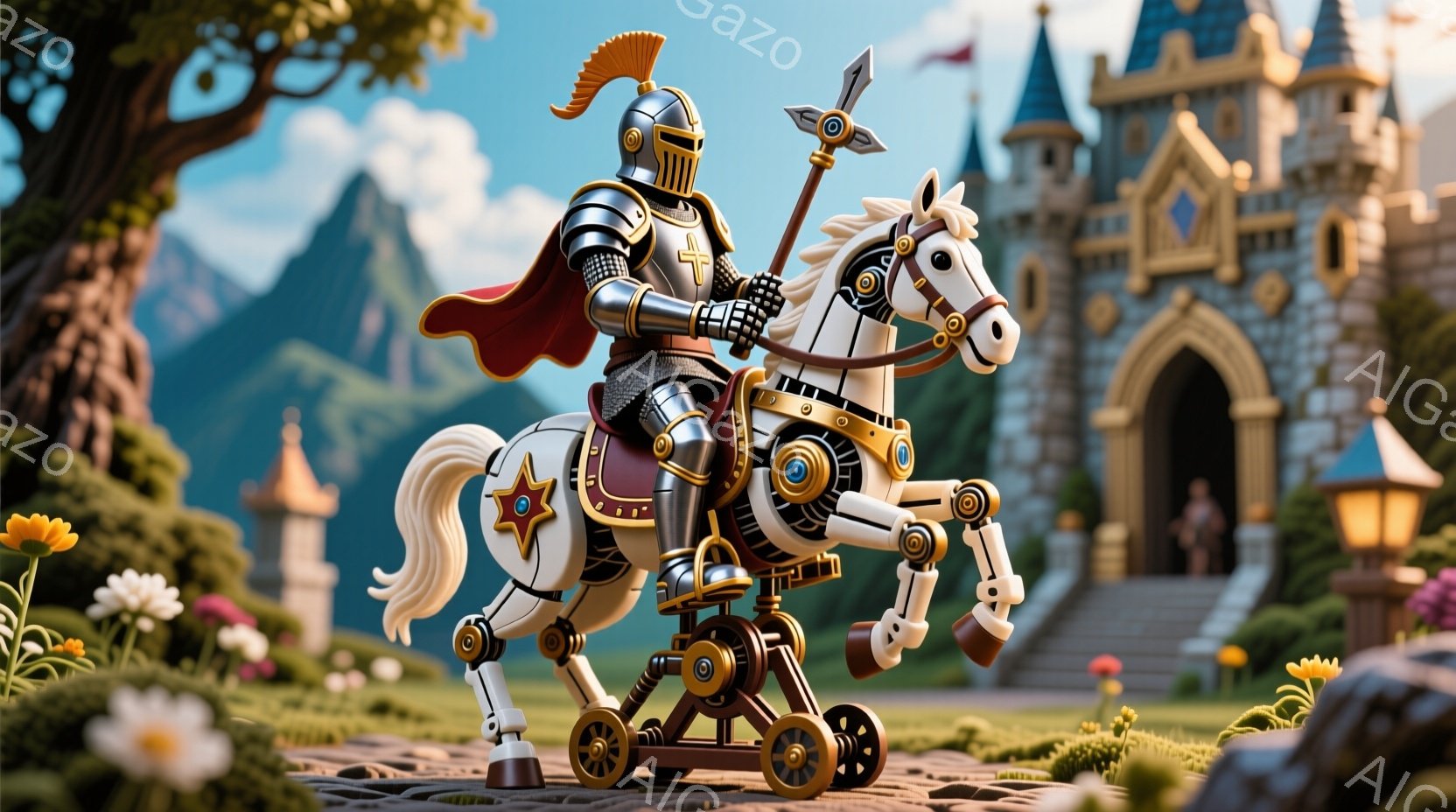 中世風のロボット騎士が、メカニカルな白馬に乗って描かれています。騎士は銀色の鎧を身につけ、赤いマントを羽織り、槍を高く掲げています。背景にはお城と緑豊かな自然が広がり、まるでファンタジー世界の冒険の始まりを予感させるような、明るく希望に満ちた雰囲気です。