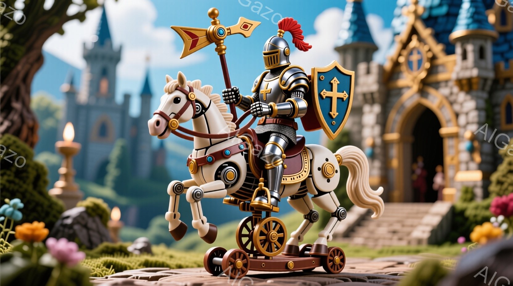 中世風のロボット騎士が、精巧な機械仕掛けの馬に乗って描かれています。騎士は銀色の鎧を身につけ、鮮やかな赤色の旗を掲げています。背景には、お城や緑豊かな自然が広がり、まるで絵本のようなファンタジー世界を表現しています。
