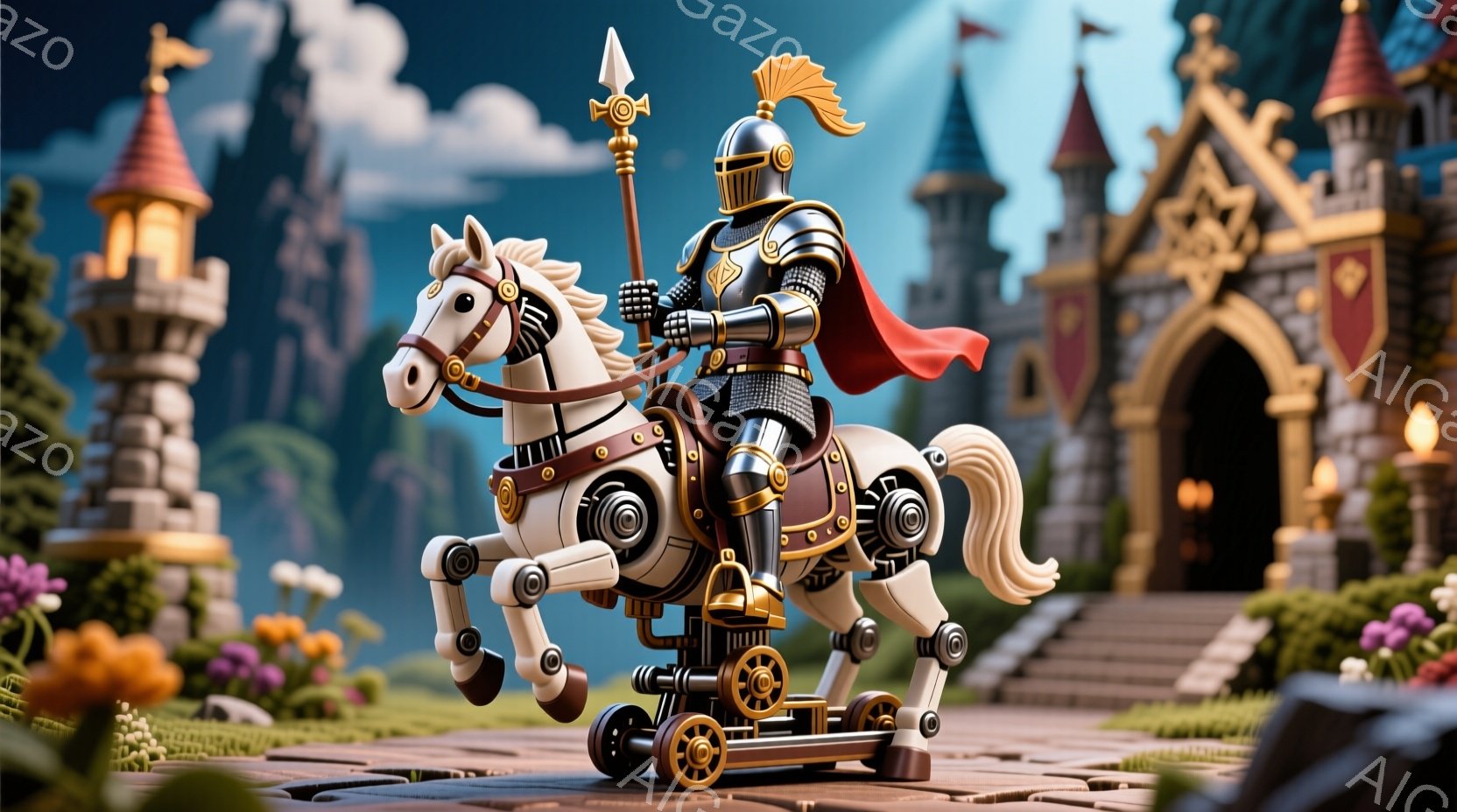 騎士が機械仕掛けの馬に乗っている様子が描かれています。騎士は銀色の鎧を身につけ、金色の装飾が施されており、頭には羽根飾りが付いています。背景にはおとぎ話に出てくるような城と花壇が広がっており、ファンタジー世界の温かく、遊び心のある雰囲気が漂っています。