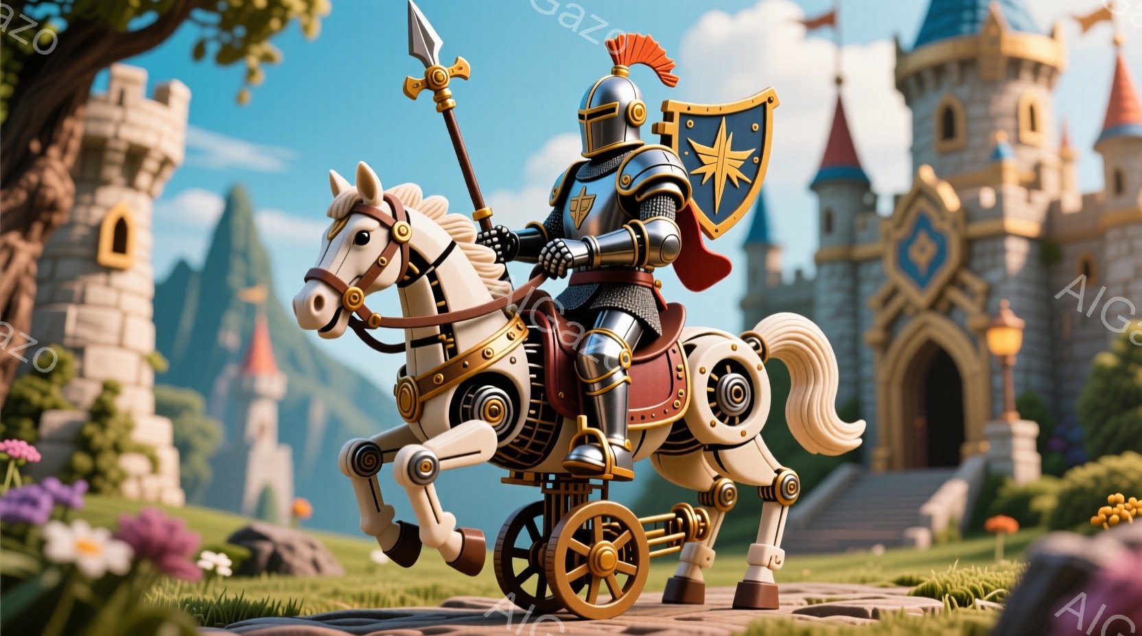 中世風のロボット騎士が、機械仕掛けの馬に乗って描かれています。騎士は輝く鎧と、特徴的な紋章の付いた盾を持ち、槍を高く掲げています。背景にはお城や緑豊かな丘陵地帯が広がり、ファンタジーの世界観を演出しています。