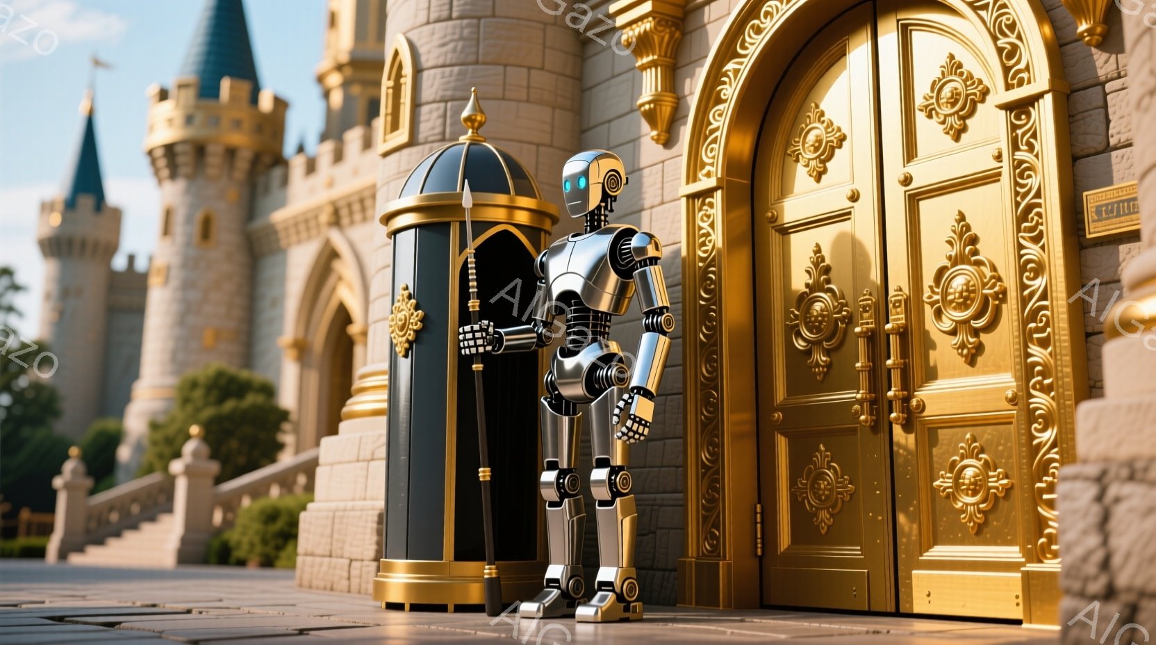 豪華な城の正面玄関の前に立つ、未来的な黒と金のロボットが描かれています。ロボットは直立した姿勢で、両腕を体の横に下げており、まるで門番のようです。背景には、緑豊かな庭園と青空が広がり、城の壮麗さを際立たせています。