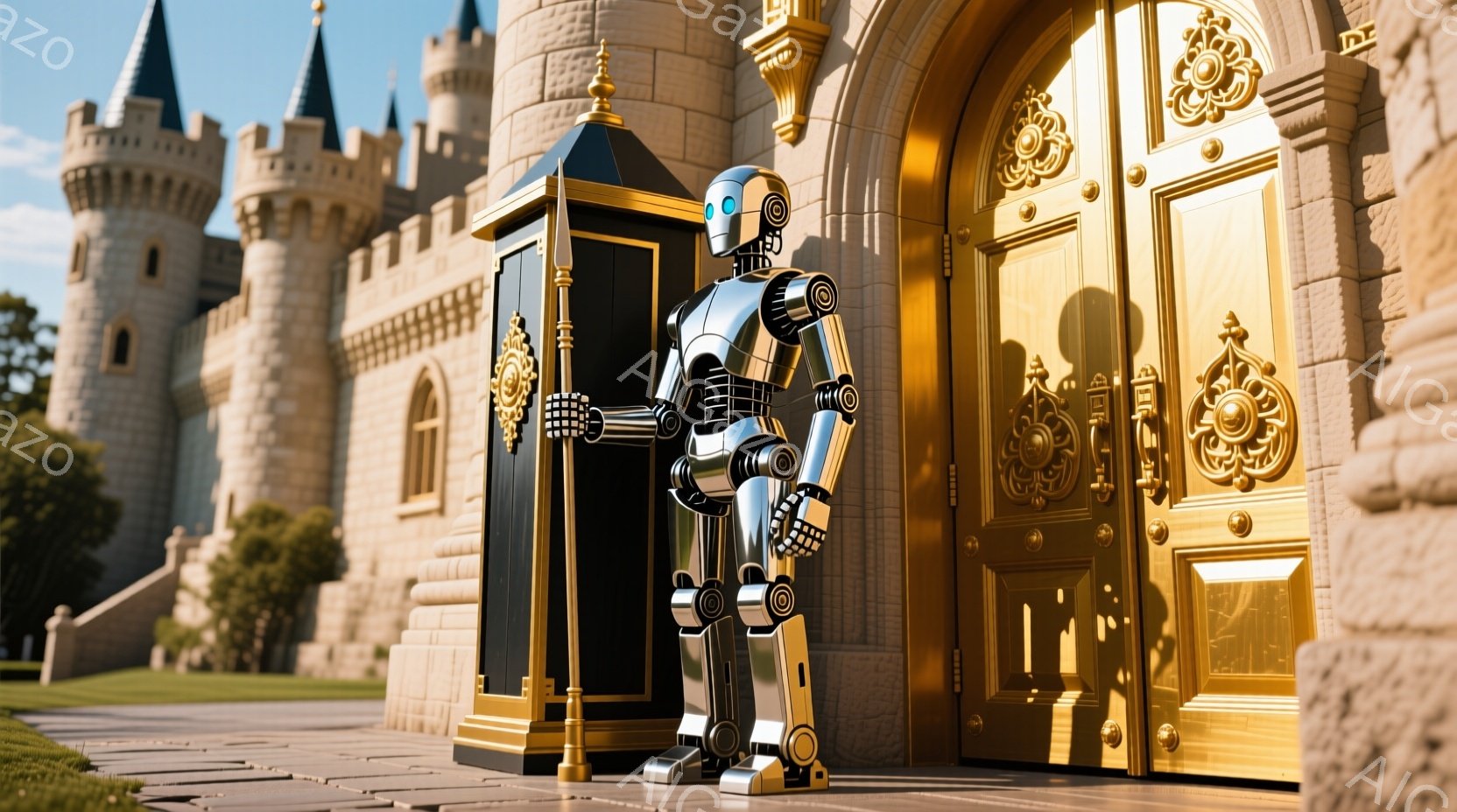 巨大な城の入り口に、未来的なロボットが立っている。ロボットは銀色で、目と関節部分が青く光っており、まるで警備兵のように威厳のある姿勢で直立している。背景には美しい庭園と、晴天の下で輝く城壁が見え、どこか幻想的な雰囲気が漂っている。