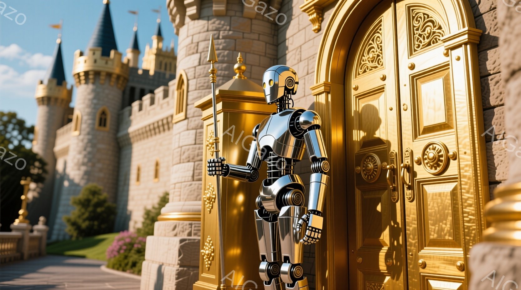 黄金色の装飾が施された城の入り口に、銀色のロボットが立っている。ロボットは槍を高く掲げ、警戒しているかのような姿勢で、厳粛な雰囲気を醸し出している。背景には、青空の下、美しい城の塔と緑豊かな庭園が広が - AI生成フリー素材