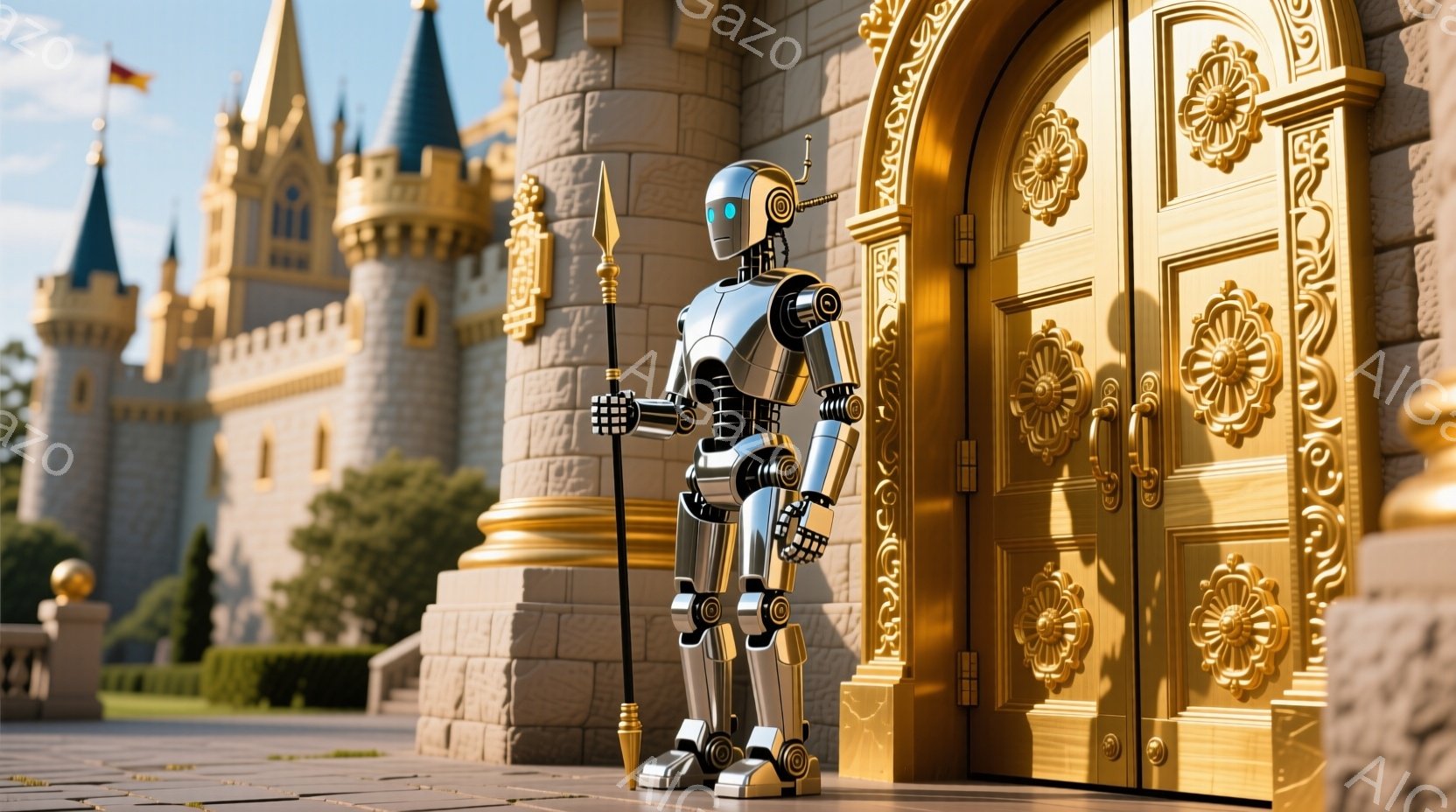 白い金属製のロボットが、豪華な金の扉の前で直立して立っている。ロボットは槍のようなものを手に持ち、警備兵のような姿勢で、背景にはおとぎ話のような城がそびえ立っている。空は晴れていて、緑豊かな芝生と手入 - AI生成フリー素材