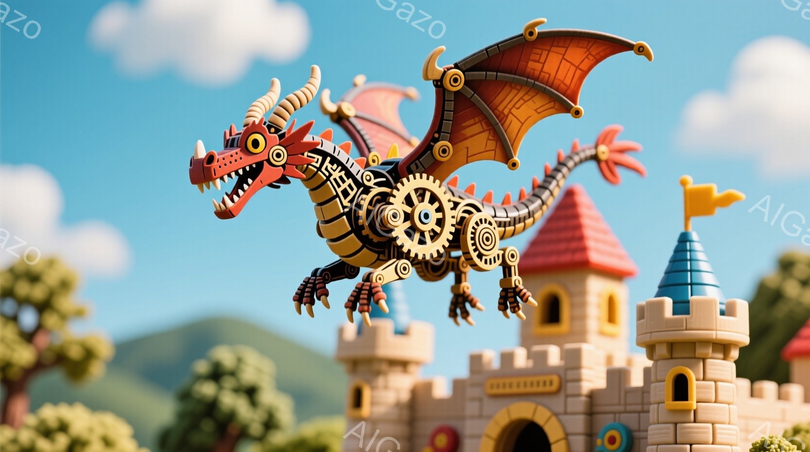 鮮やかな青空を背景に、機械仕掛けのドラゴンが城の上を飛んでいる様子が描かれている。ドラゴンの体は金属製のパーツや歯車で構成されており、鮮やかな赤とオレンジ色が目を引く。城は明るい色調で、おとぎ話のような雰囲気を醸し出している。