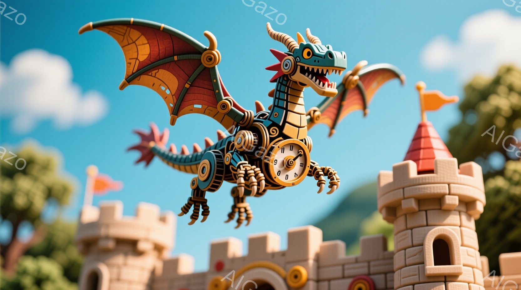 鮮やかな青空の下、歯車と金属で構成されたメカニカルなドラゴンが、お城の上を飛んでいる。ドラゴンの翼はオレンジと黒のストライプで、体には時計の文字盤が組み込まれており、ファンタジーとスチームパンクが融合したような独特な雰囲気を作り出している。背景には、オレンジ色の塔と旗を持つお城が描かれ、緑の丘が広がっており、全体的に明るく、遊び心に満ちた雰囲気である。