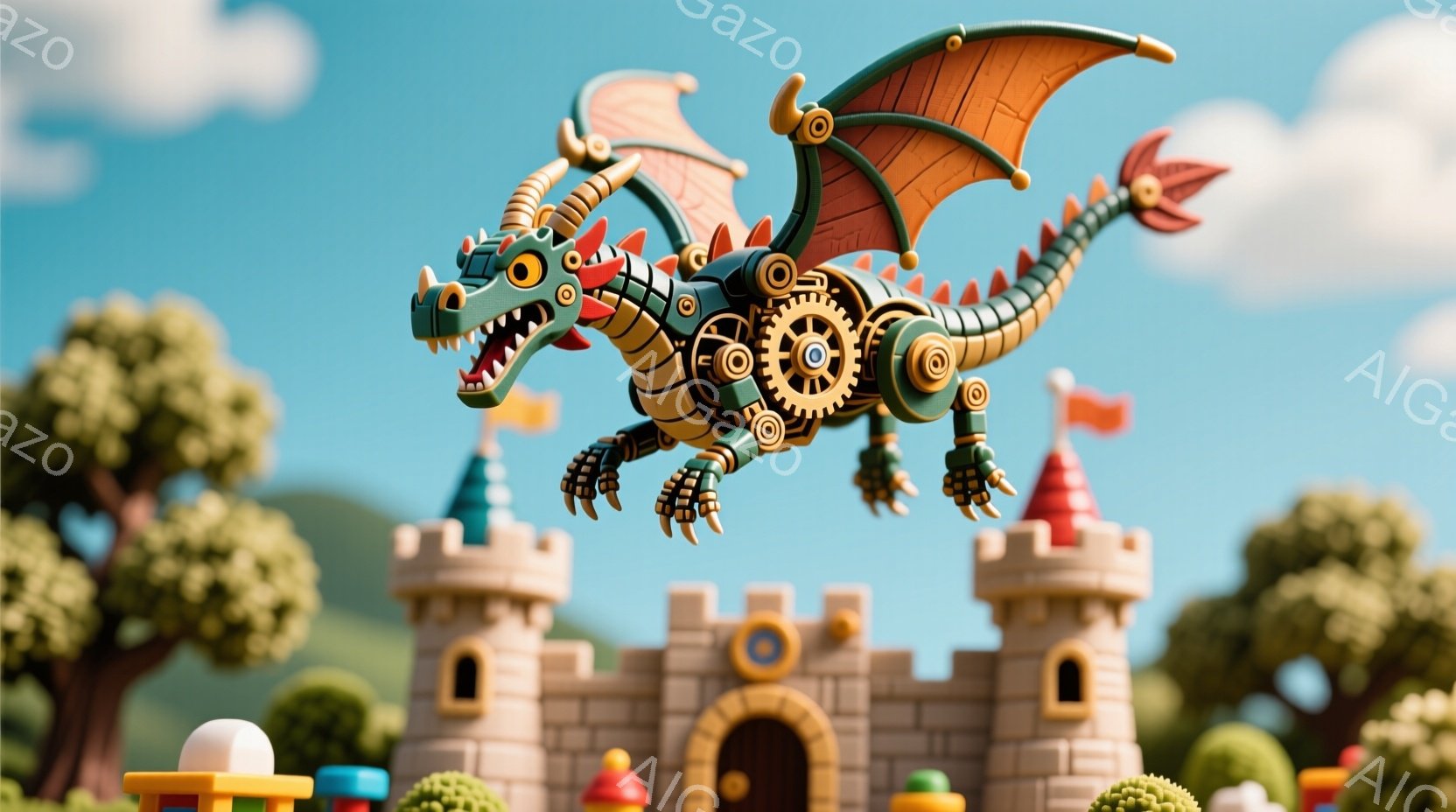 空を飛ぶ機械仕掛けの竜が描かれています。竜は緑色を基調とし、体中に歯車やパイプが組み込まれた独特のデザインで、翼は茶色とオレンジのストライプ模様です。背景には、丸い塔を持つお城や緑の木々が配置され、晴れた空の下、おとぎ話のような温かくファンタジックな雰囲気が漂っています。