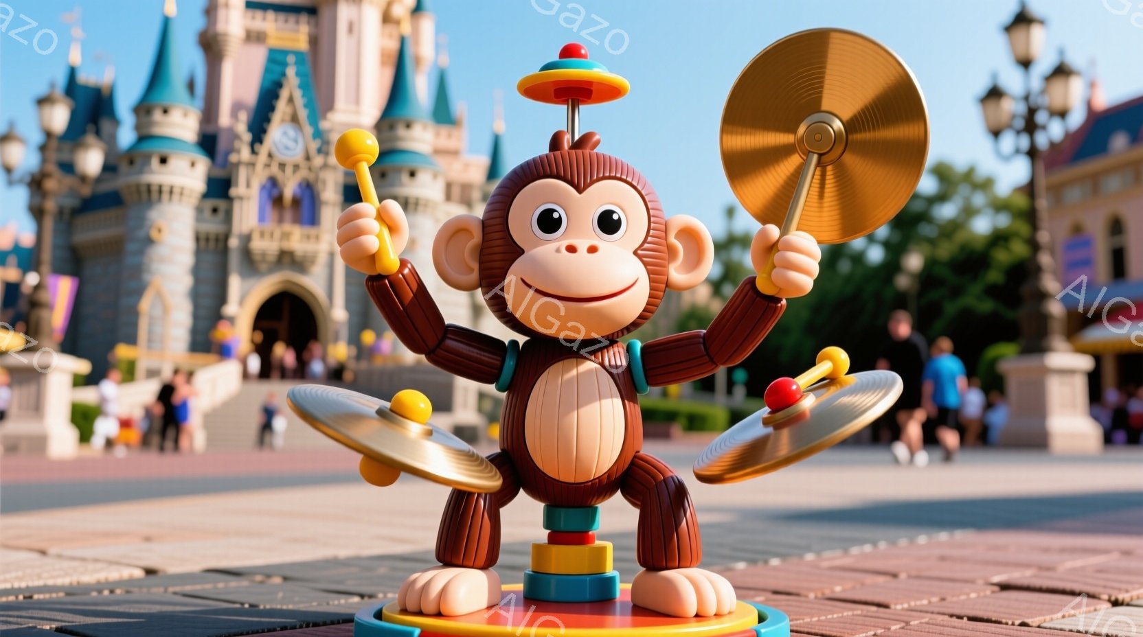 茶色のカラフルな猿のおもちゃが、赤い台座の上に立ってシンバルとカスタネットを演奏している様子が写っている。背景には、青い尖塔を持つお城と、人々が歩く石畳の広場があり、晴れた空と明るい日差しが、楽しげな雰囲気を演出している。おもちゃの猿は笑顔で、遊び心に満ちた表情が印象的だ。