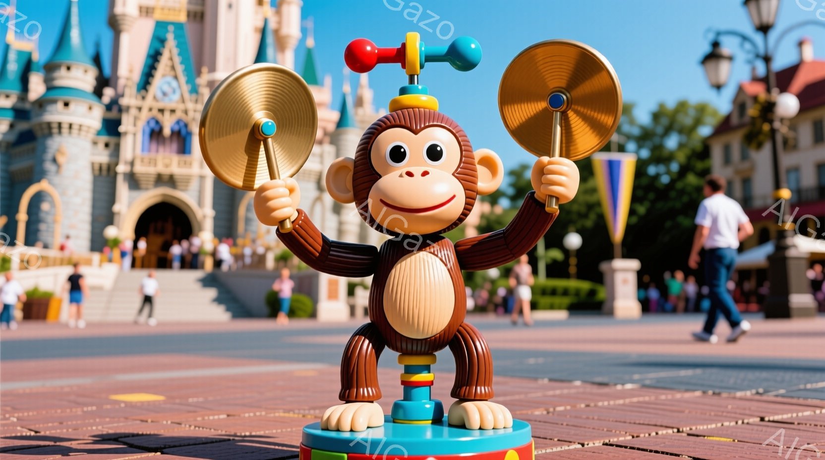 茶色いおもちゃの猿が、赤いレンガの道の上に立っており、両手に黄色いシンバルを持っています。背景には、青空の下、シンデレラ城が聳え立ち、多くの人々が歩いています。全体的に、遊園地の明るく楽しい雰囲気を感じさせる画像です。