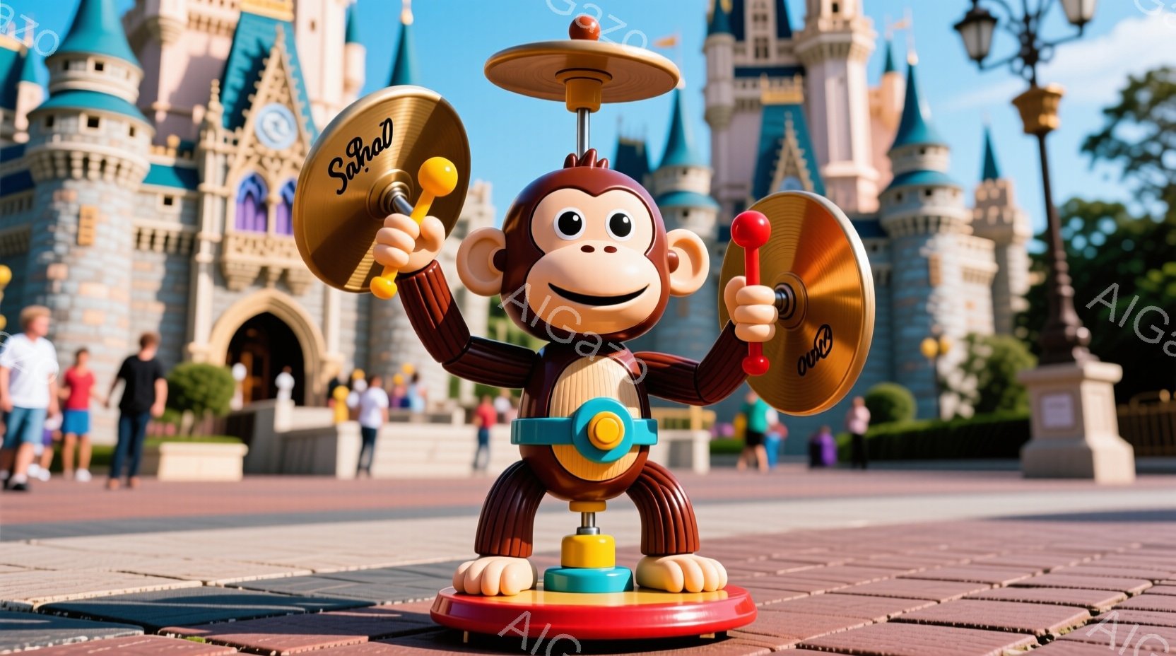 ディズニーランドの城を背景に、おもちゃの猿が描かれています。猿は青いベルトで締めた赤いシャツを着て、両手にタンバリンを持って陽気な表情で立っています。城は青空の下、美しいシルエットを描き、周囲には多くの人々が歩き回っています。
