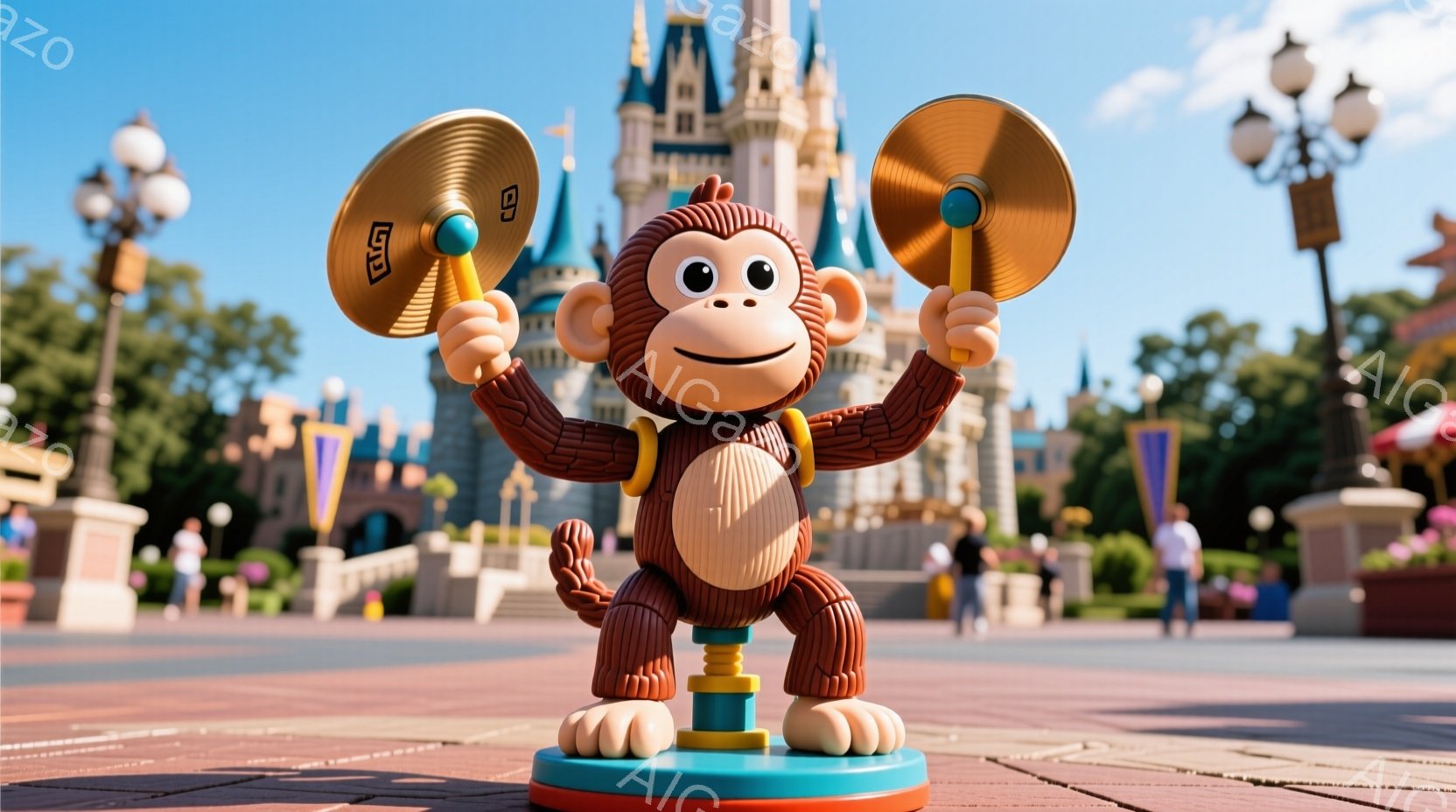 茶色の大きな猿のおもちゃが、赤いタイル張りの広場に立っている。猿は両手に黄色い円盤を持っており、楽しそうにこちらを見ている。背景には、青空の下、シンデレラ城がそびえ立ち、広場には人々が歩き回っている穏やかな雰囲気である。