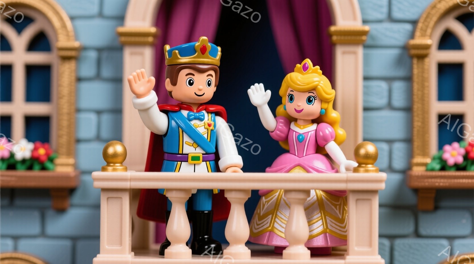 お城のバルコニーに立つ王子と王女のフィギュアを示しています。王子は青い制服、黒いブーツ、そして頭には金の王冠をかぶり、片手を上げて微笑んでいます。王女はピンクのドレスに金の装飾が施され、金色の髪をカールさせ、同じように手を上げて微笑んでいます。