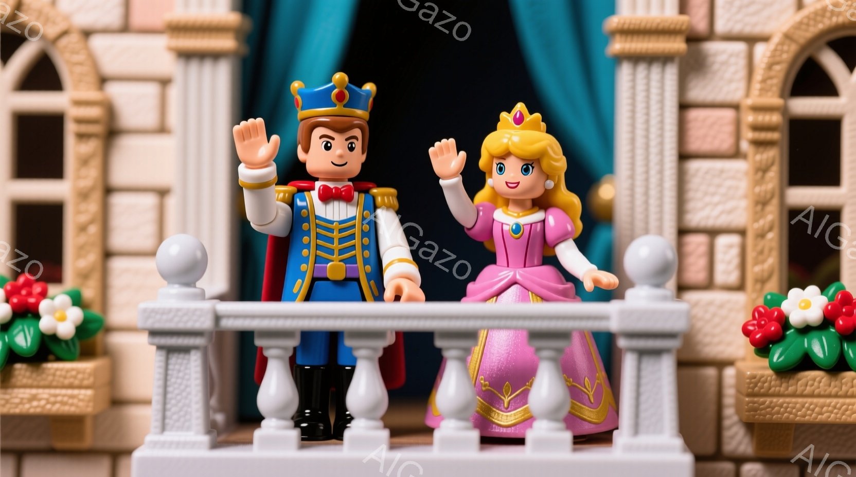 建物の一部と思われる背景に、王子と王女がバルコニーに立って手を振っています。王子は赤いジャケットに金色の装飾が施された制服を着ており、王女はピンクのドレスと金髪の巻き毛で、どちらも笑顔で幸せそうです。バルコニーには花が飾られ、全体的に明るく華やかな雰囲気です。