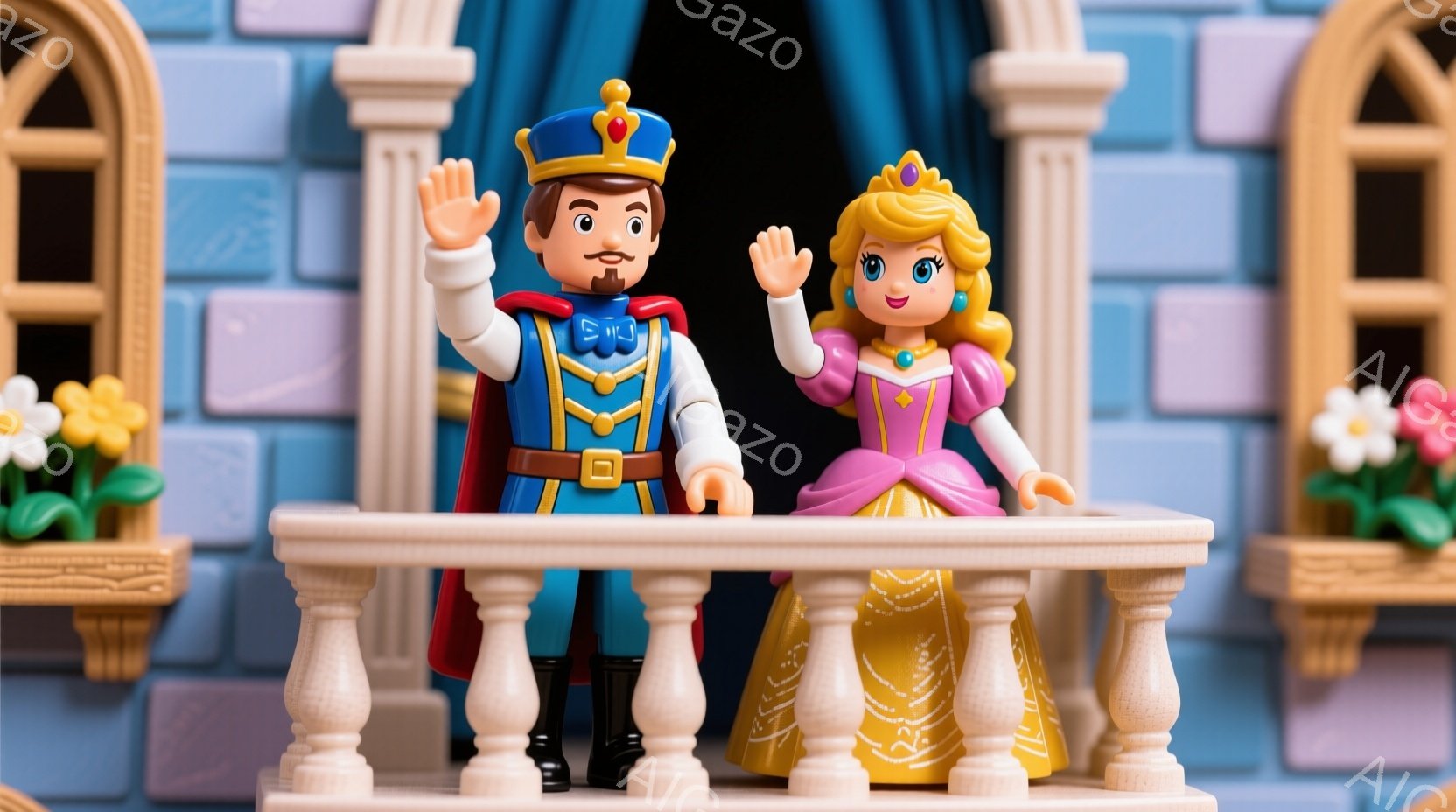 プラモデルの王様と公主が城の城壁前に立ち、手を振り合う。王様は白いペンダントを着用し、長髪で腕を揺らす。公主はベージュ色のドレスを着て、小さな赤い髪に手を伸ばす。