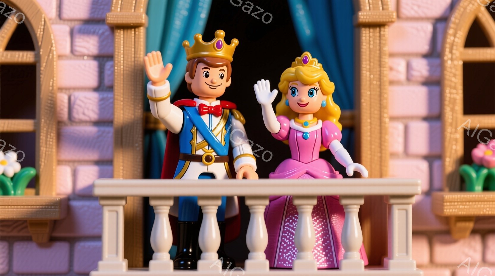 王子と王女がバルコニーで手を振っています。王子は青い衣装と赤いリボン、金色の王冠をつけており、王女はピンクのドレスと金髪の巻き髪です。背景には石造りの建物とわずかな緑が見え、おとぎ話のような暖かい雰囲気です。