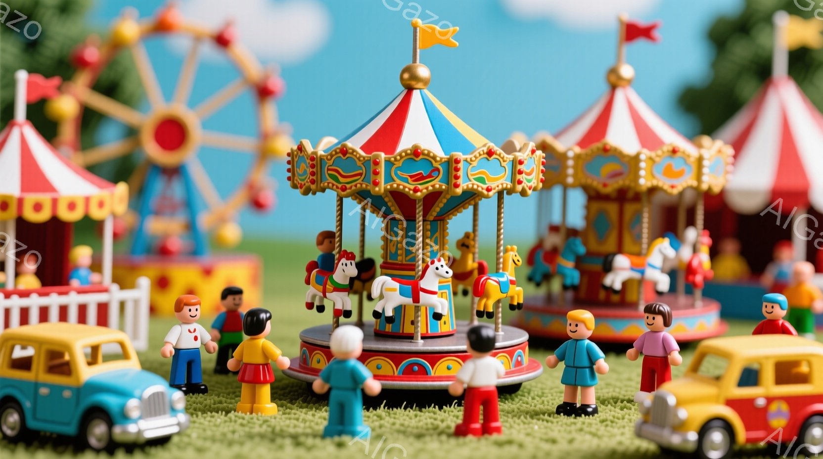 ミニチュアの遊園地の一場面で、カラフルなメリーゴーラウンドが中央に位置しています。周りには、赤いシャツと青いズボンを着た男の子、ピンクのドレスを着た女の子など、シンプルな表情をした小さな人形たちが立っ - AI生成フリー素材