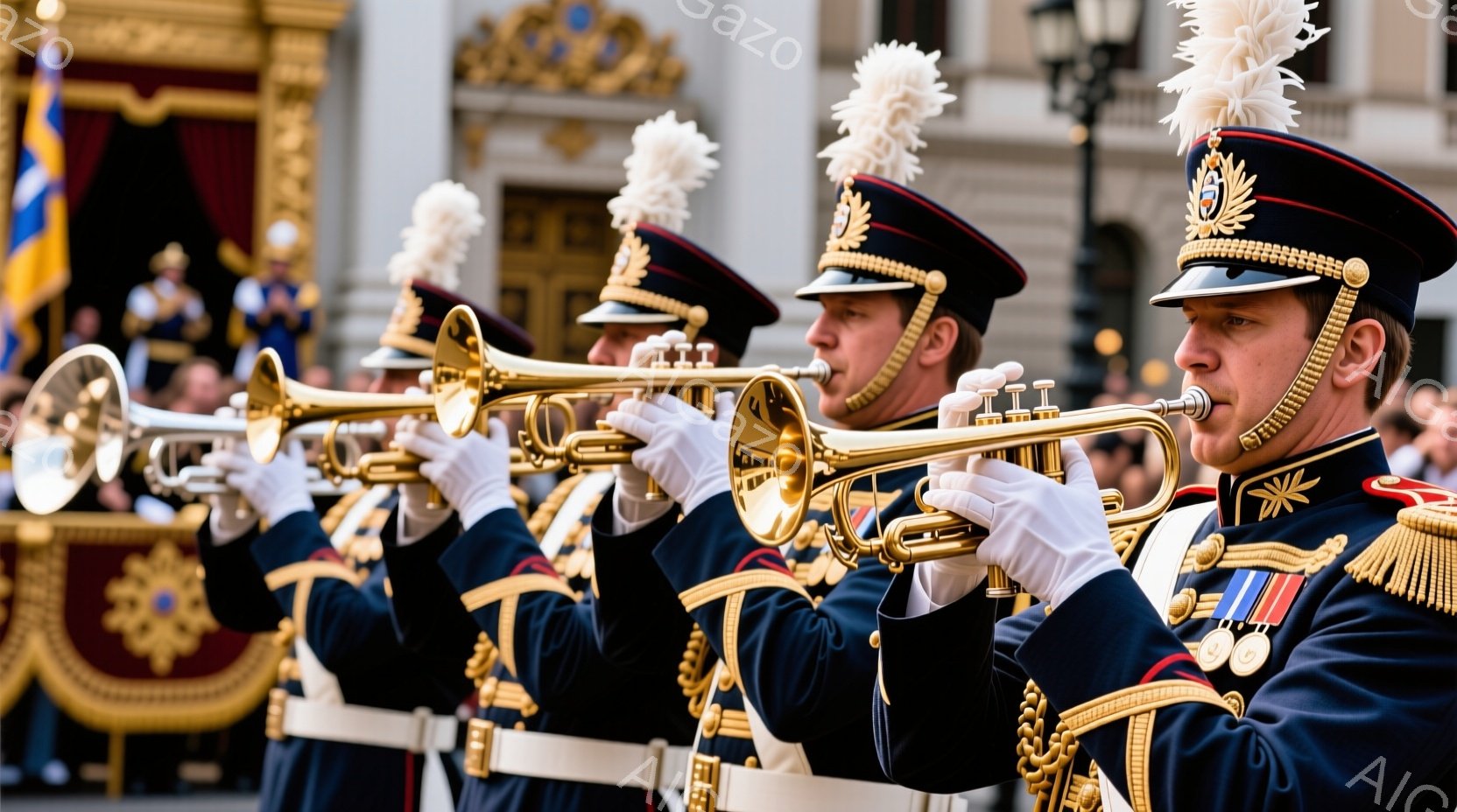 整列してトランペットを吹く兵士たちが写っている。彼らは紺色の制服に金色の装飾が施され、白い手袋を着用し、顔には真剣な表情を浮かべている。背景には豪華な装飾が施された建物が見え、公式な行事の厳粛な雰囲気が漂っている。