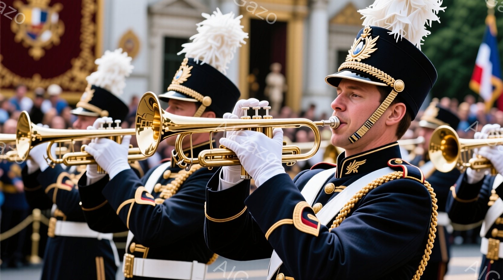 紺色の制服に金色の装飾が施された男性たちが、トランペットを演奏しています。彼らは、金色の刺繍が施された黒い帽子を被り、白い手袋を着用し、整然とした姿勢で演奏に集中しています。背景には、歴史的な建物やぼ - AI生成フリー素材