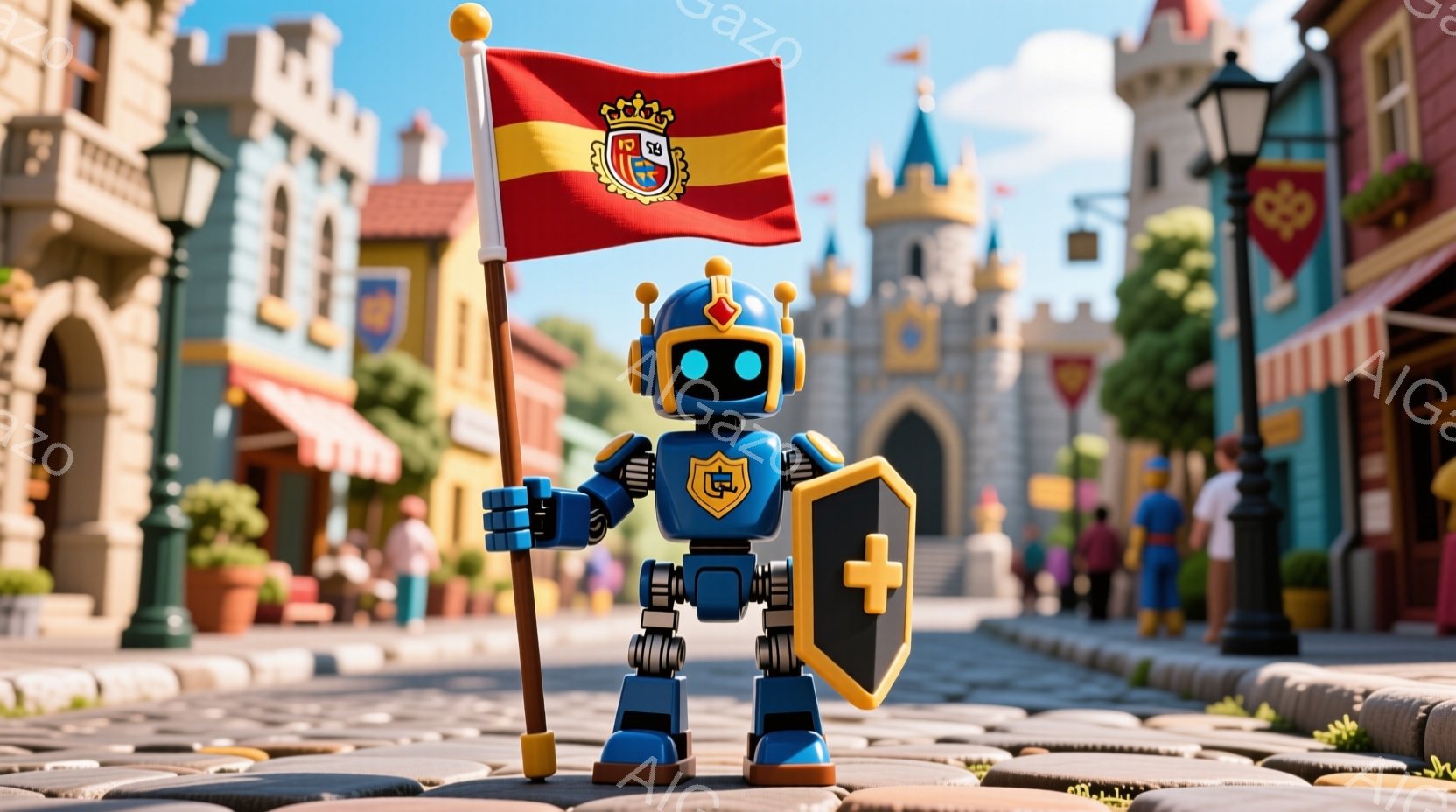 青いロボットが、レンガ造りの道の上に立っており、右手に旗、左手に盾を持っています。背景には、カラフルな建物と高い塔があり、緑豊かな木々が並び、晴れた青空が広がっています。全体的に、ファンタジーの世界観で、お祭りやパレードのような活気のある雰囲気です。