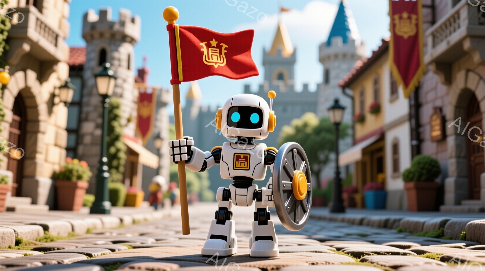 白を基調としたロボットが、赤い旗を高く掲げて立っている。背景には、中世ヨーロッパ風の建物が並び、石畳の道が続いている。全体的に明るく、おとぎ話のような雰囲気で、ロボットはどこか誇らしげに見える。