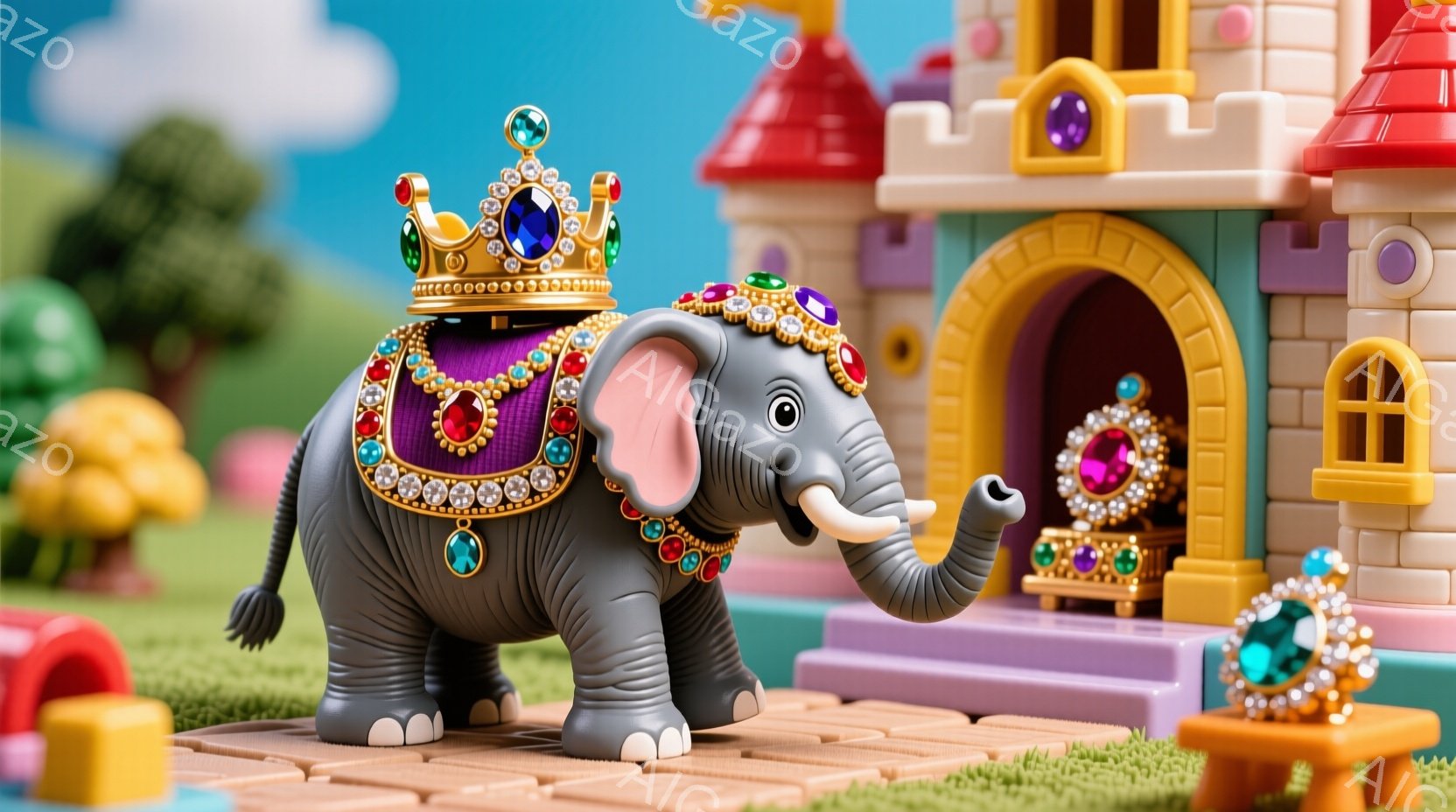 灰色の象が、宝石で飾られた豪華な鞍を背負い、頭にはティアラを載せて立っています。背景には、おとぎ話のようなカラフルな城と、緑の芝生、そして小さなテーブルの上に置かれた宝石の王冠が見えます。全体的に、フ - AI生成フリー素材
