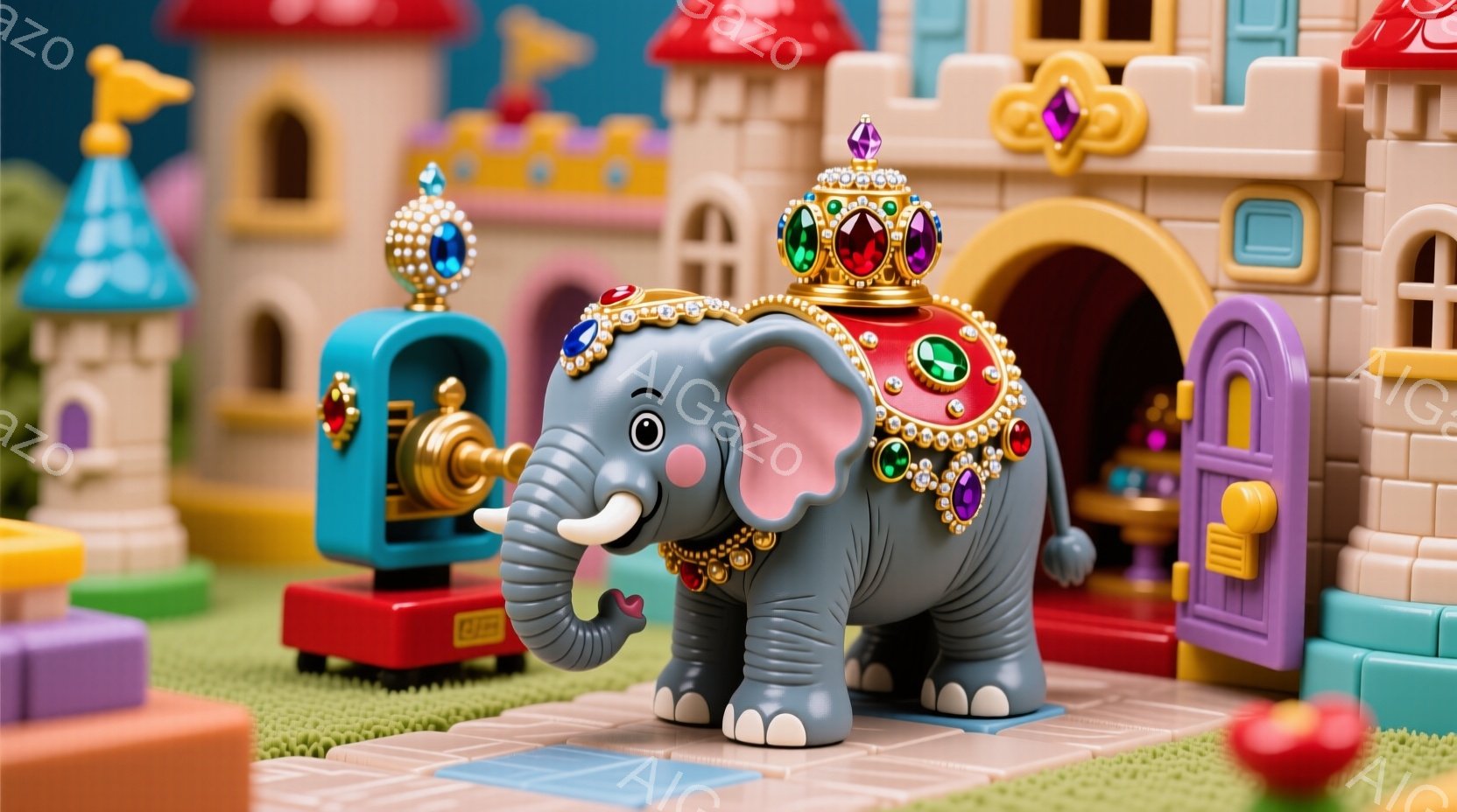 灰色の象が、華やかな装飾が施された毛布を背中に載せ、頭には宝石をあしらった王冠を載せています。背景には、カラフルな塔とアーチのあるおとぎ話のような建物が並び、緑色の芝生の上で象が誇らしげに立っています - AI生成フリー素材