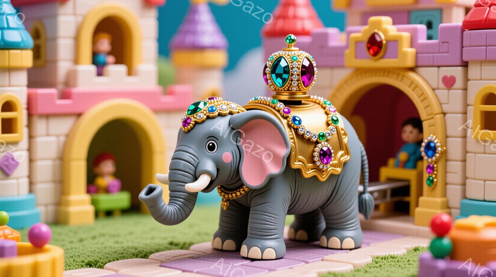 灰色の象が、ピンク色の宝石がちりばめられた装飾が施された外套と王冠を身につけて、緑色の芝生の上を歩いています。背景には、カラフルなアーチ状の入り口を持つお城のような建物があり、内部には小さな人形がいま - AI生成フリー素材