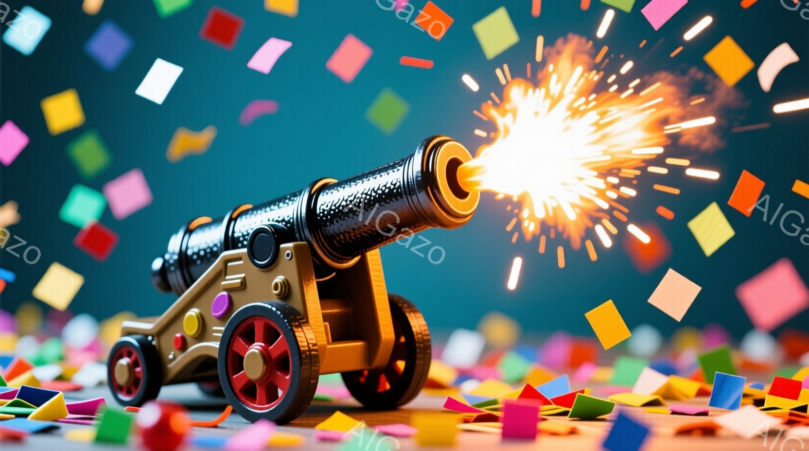 古い様式の茶色の大砲が、カラフルな紙吹雪の中で発砲している様子が写っている。大砲からは炎と煙が勢いよく噴出し、周囲には様々な色の小さな紙片が舞っている。背景は明るい水色で、お祝いや祭りのような、活気あふれる雰囲気が感じられる。