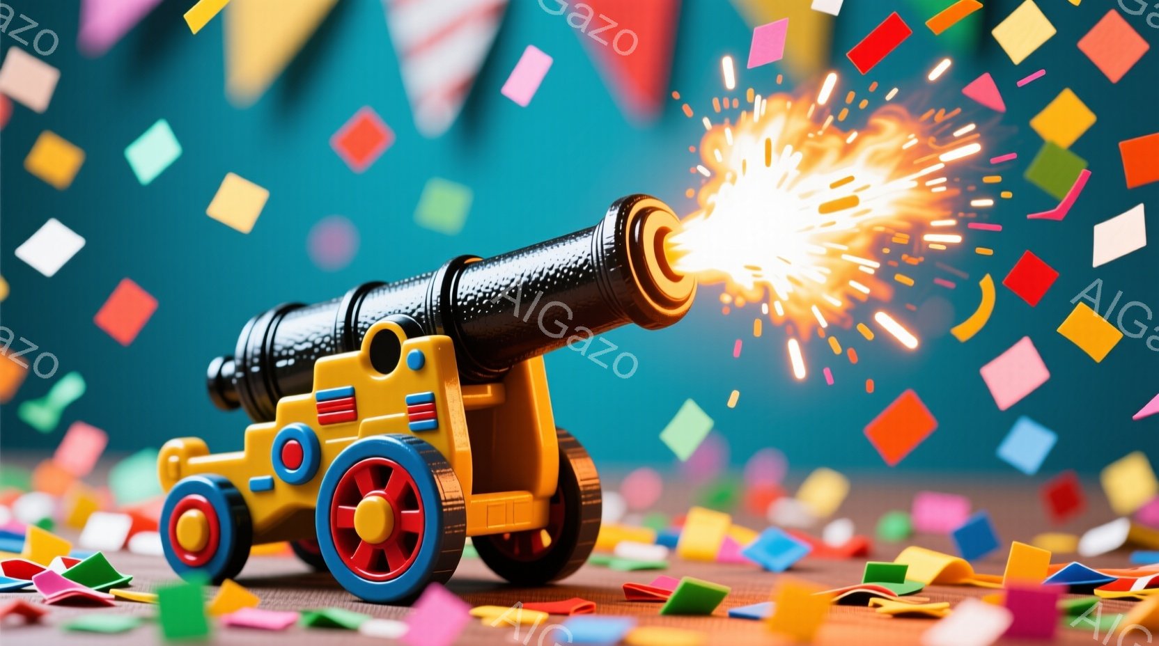 カラフルな紙吹雪が舞う背景に、おもちゃのキャノンが描かれています。キャノンはプラスチック製で、明るいオレンジ、青、赤の色使いが特徴的です。発射口からは炎と光の粒子が勢いよく吹き出しており、お祝いや祭りのような、楽しげな雰囲気を演出しています。