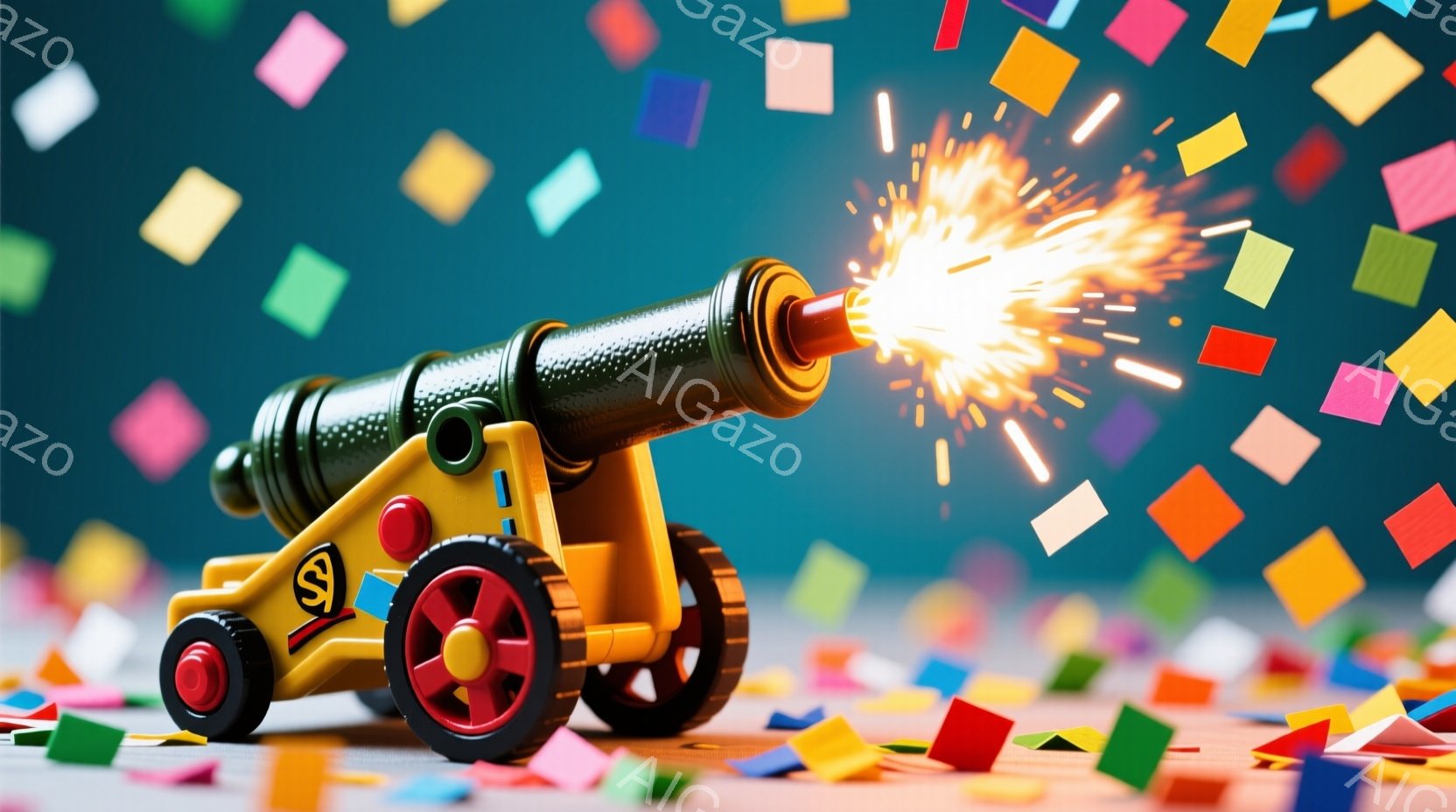 黄色と黒のプラスチック製のおもちゃの大砲が、明るい火花を噴き出しています。大砲は赤い車輪を持ち、カラフルな紙吹雪が散りばめられた明るい背景を背景にしています。全体的に、お祝いや楽しい雰囲気の、カラフルで遊び心のあるイメージです。