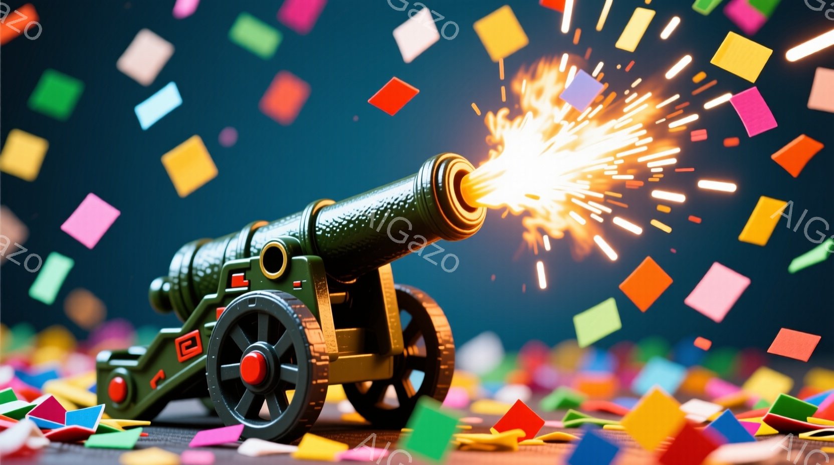 鮮やかな紙吹雪が舞う中、玩具のような大砲が火を噴いている様子が写っている。大砲は緑色と黒色のプラスチック製で、赤色のアクセントが施されており、全体的にカラフルで遊び心のある雰囲気を醸し出している。背景は暗く、紙吹雪が光を反射して、お祝いや楽しさを感じさせるイメージを作り出している。