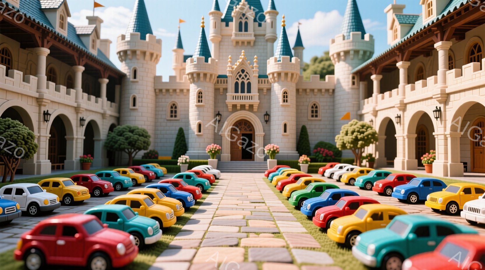 広大な敷地に、カラフルなミニカーが整然と並べられています。背景には、青い屋根を持つお城がそびえ立ち、芝生や手入れされた木々が配置されています。晴れた空の下、お城の前に敷き詰められた石畳の道が、ミニカーの展示を際立たせています。