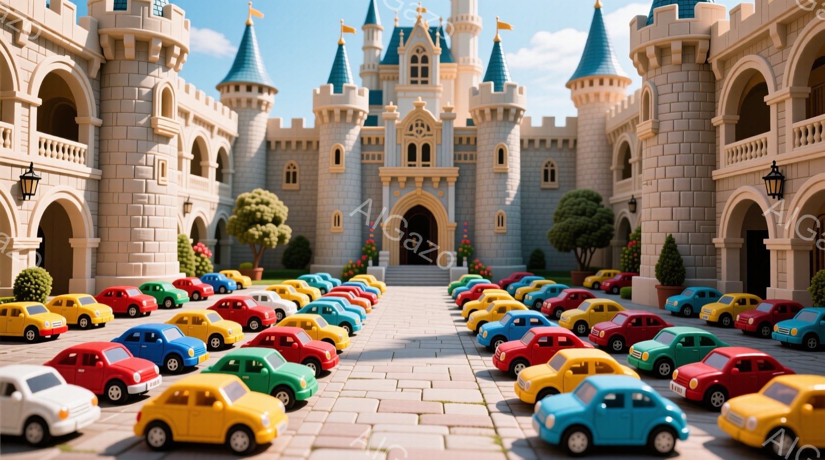 広大な敷地に、カラフルなミニカーが整然と並べられています。背景には、おとぎ話に出てくるような美しい城がそびえ立ち、緑の木々がアクセントとなっています。晴れた空の下、ミニカーと城が組み合わさり、夢のような雰囲気を作り出しています。