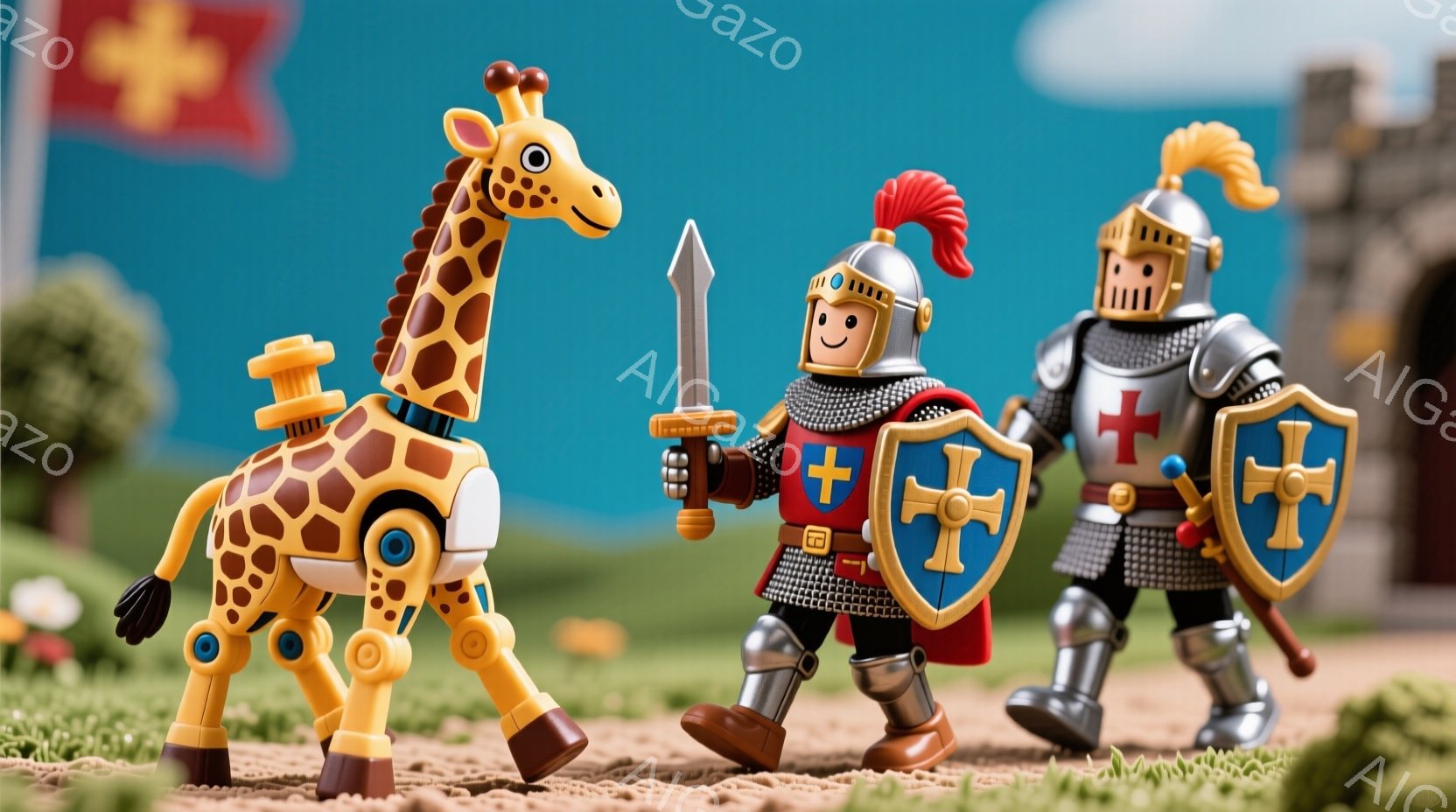 プレイモービルの騎士とキリンが砂地の地形を歩いている様子が写っています。騎士は銀色の鎧を着て、赤と白の紋章が入った青いマントを羽織り、剣と盾を持っています。背景には、青い空の下、石造りの城と緑の丘が見え、明るく遊び心のある雰囲気が漂っています。