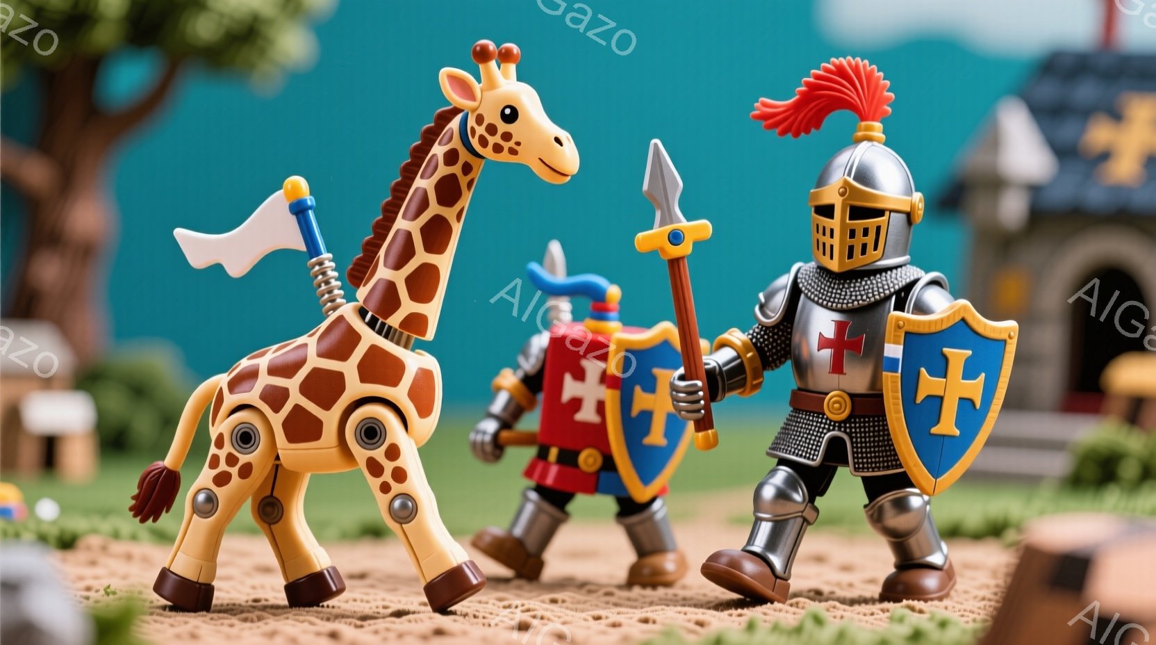 キリンのおもちゃと騎士のおもちゃが、砂地の地面に立っている。キリンは茶色と白の模様で、頭に小さな旗がついており、騎士は全身を金属製の鎧で覆い、赤いマントと槍、盾を持っている。背景には、小さな建物や木々があり、明るい屋外の雰囲気を醸し出している。