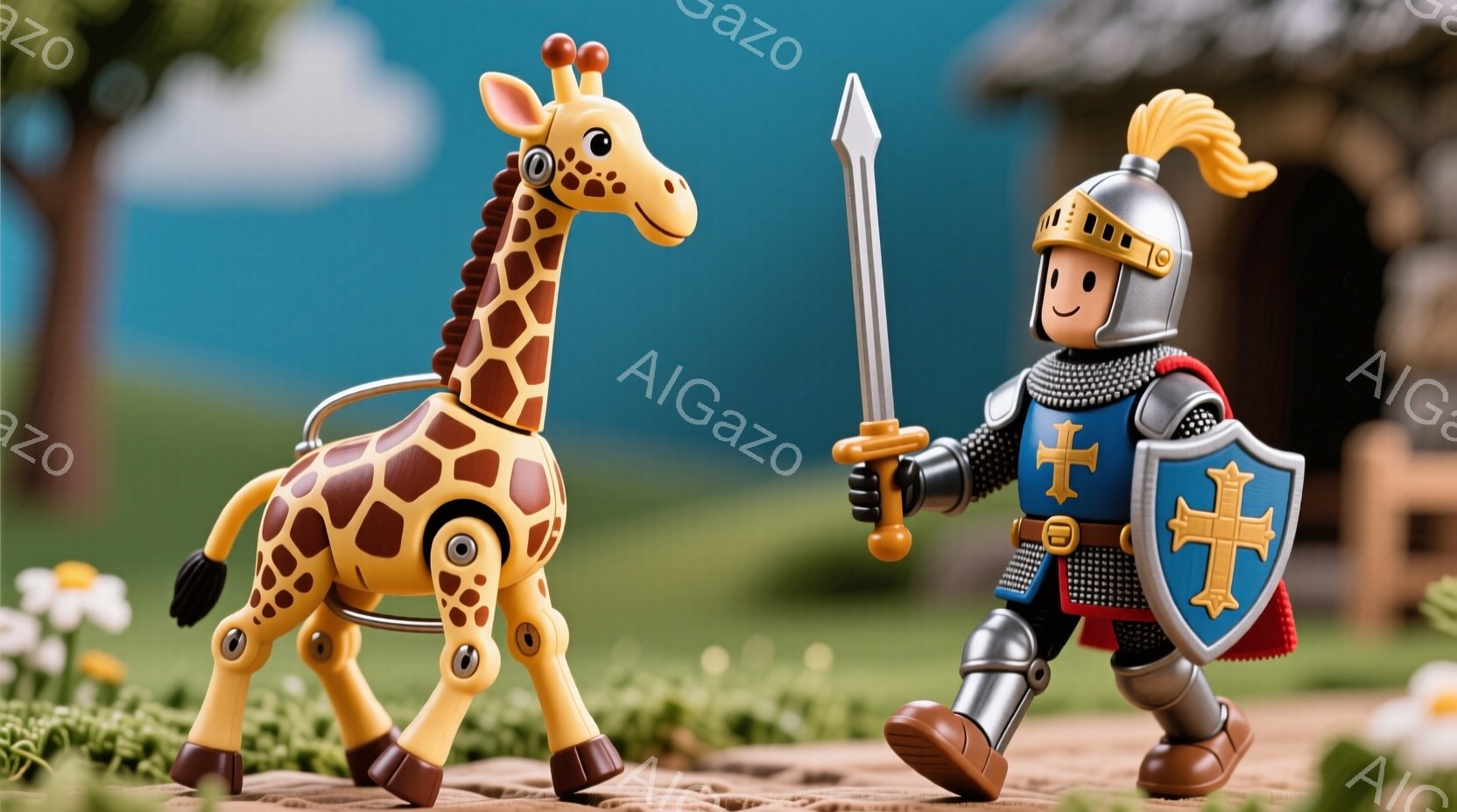 キリンのおもちゃと騎士のおもちゃが草原を歩いている様子が描かれています。騎士は銀色のヘルメットと鎧を身につけ、赤いマントを羽織り、剣と盾を持っています。背景には緑の草原、白い花、そして遠くに見える建物があり、晴れた日の穏やかな雰囲気が漂っています。
