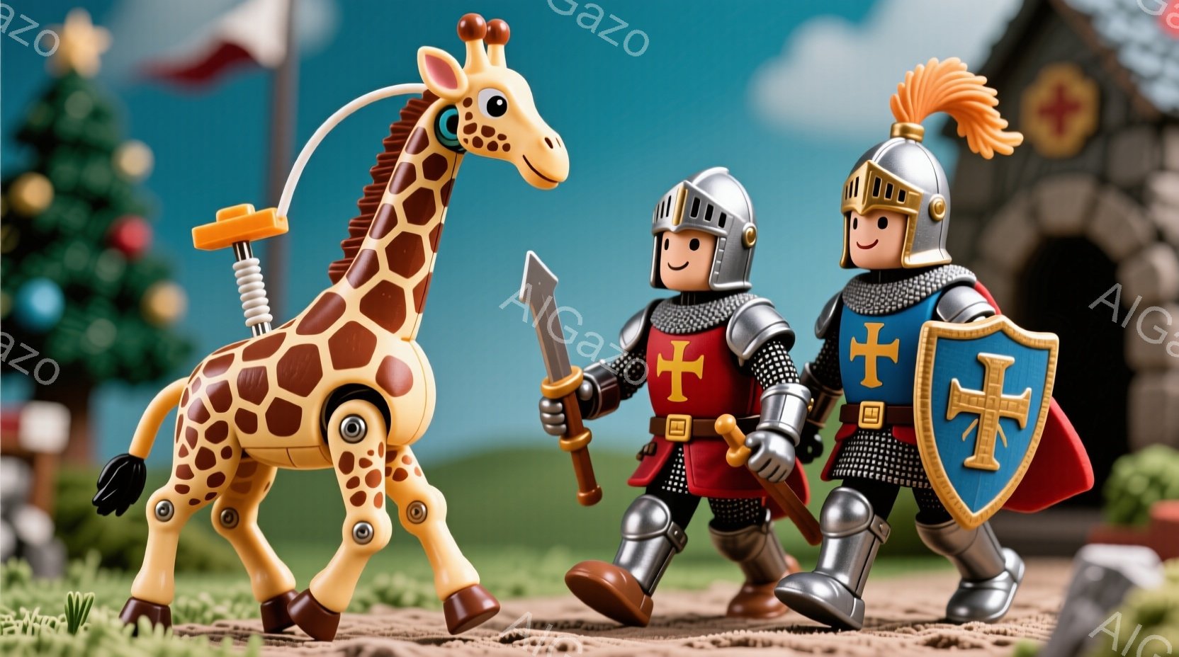 キリンの形をしたロボットと、中世の騎士のフィギュアが草原を歩いている様子が描かれています。騎士は銀色の鎧と赤いマントを身につけ、剣と盾を持っています。背景には、木々や小さな建物があり、ファンタジーのような雰囲気です。