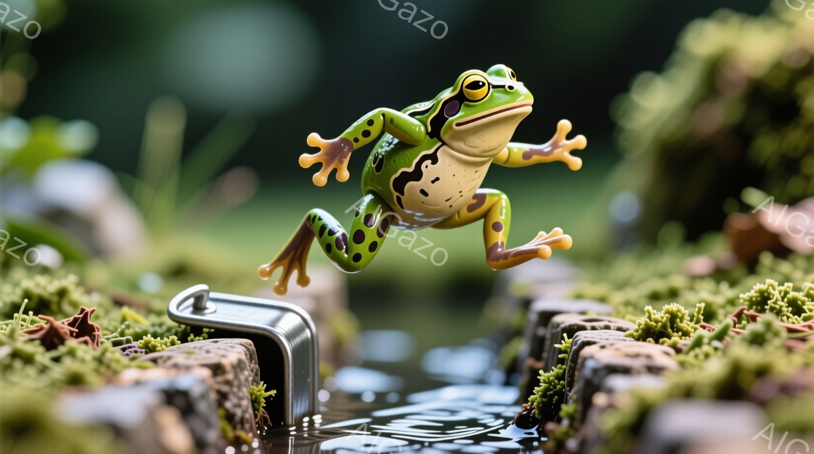 緑色の小さなカエルが、苔むした石造りの縁に沿った水路の上を飛び越えています。カエルは前足を伸ばし、後ろ足は力を込めて飛び出す姿勢で、躍動感に満ちています。背景には緑豊かな植物が広がり、水面には光が反射し、静かで自然な雰囲気を醸し出しています。