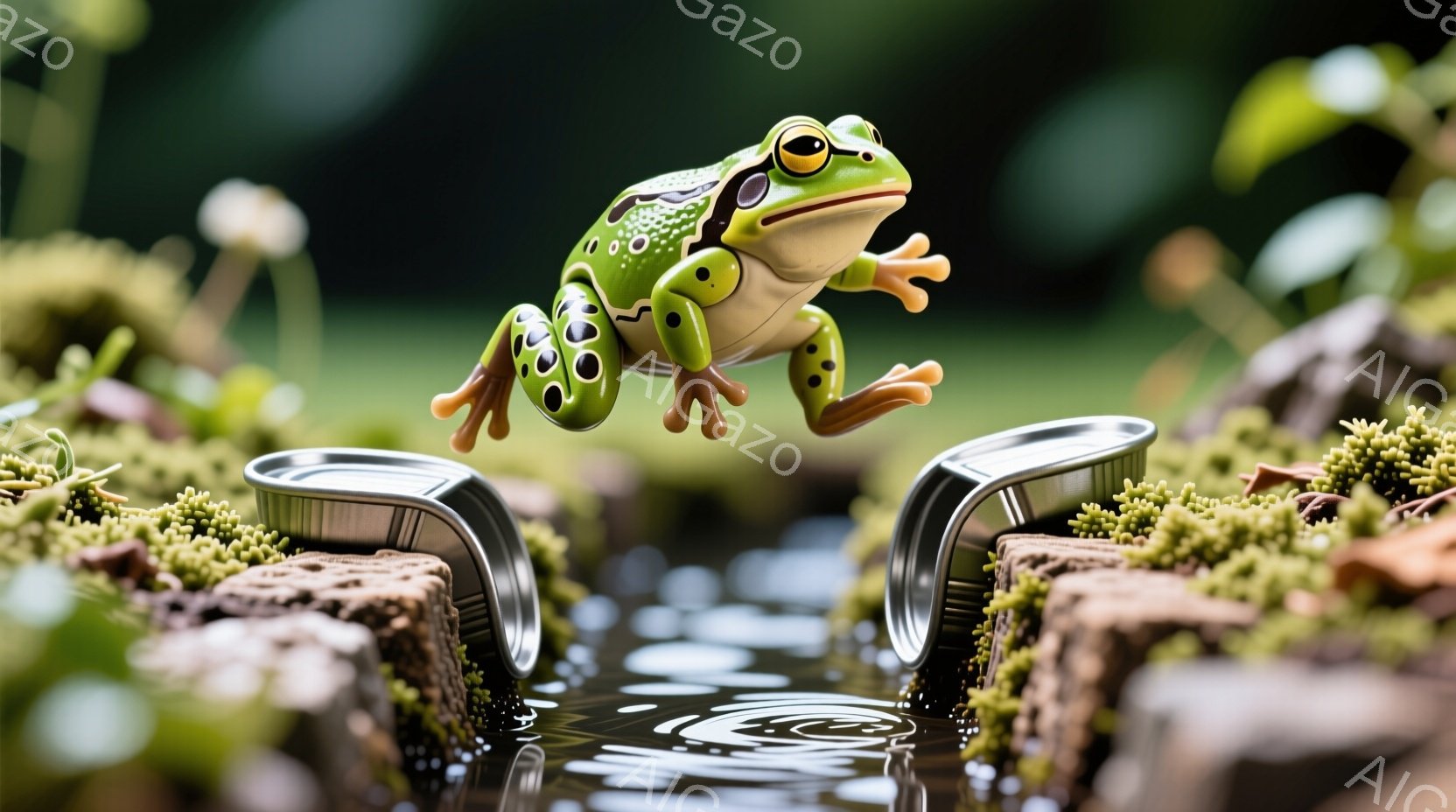 緑色のカエルが金属製のレールの上を飛び越えている様子が捉えられています。背景には緑豊かな苔と水面が広がり、カエルの鮮やかな色彩と対照をなしています。全体的に、自然と工業的な要素が組み合わさった、遊び心のある雰囲気です。